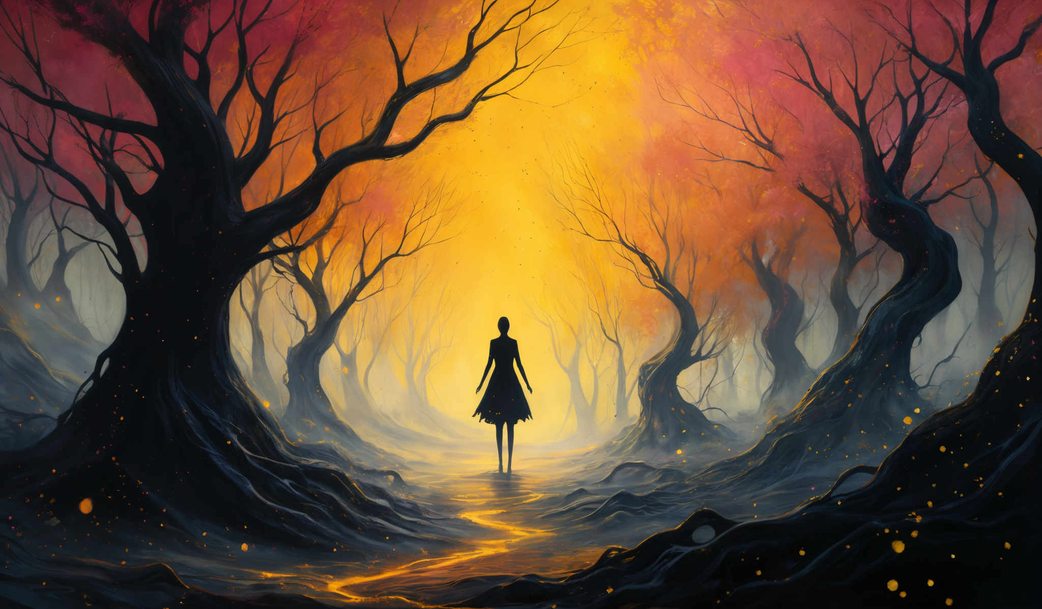 The image showcases a surreal and vibrant forest scene. The dominant colors are shades of red, orange, and yellow, creating an atmosphere of a fiery sunset or a mystical event. The trees are twisted and gnarled, with their branches reaching out in various directions. The ground is covered with a shimmering, golden pathway that seems to be made of glowing embers or fireflies. A silhouette of a female figure stands in the center of this pathway, gazing into the distance. The overall mood of the image is both enchanting and eerie, suggesting a blend of beauty and mystery.