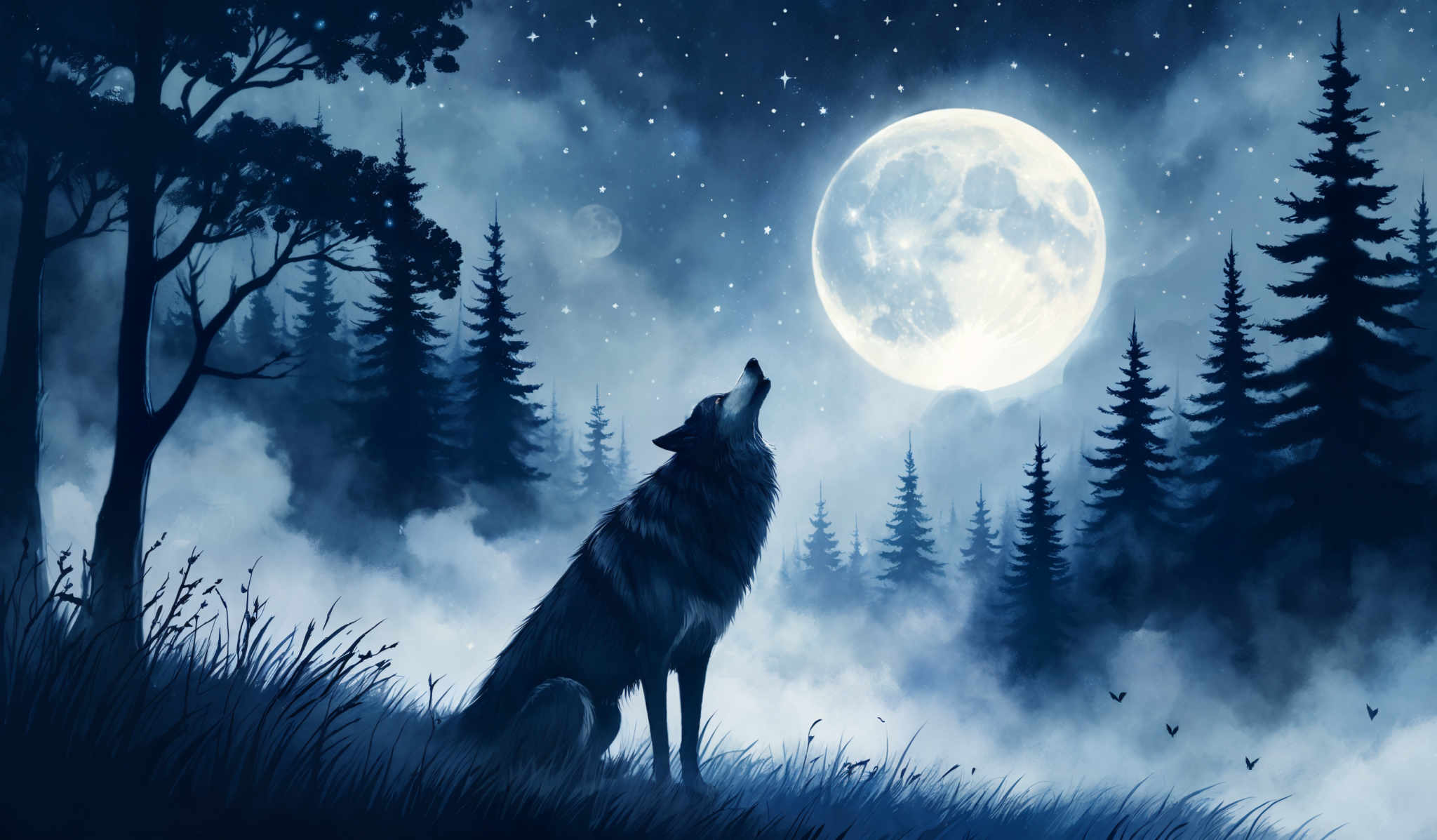 The image predominantly features shades of blue and white. The moon is depicted as a large, luminous, and almost full moon, radiating a bright white light. The surrounding sky is a deep blue, dotted with numerous stars. The landscape consists of tall, dark pine trees, creating a dense forest backdrop. In the foreground, there's a wolf sitting on a grassy patch, looking up at the moon. The wolf's fur appears dark, and it seems to be howling or gazing at the celestial body. The entire scene is enveloped in a misty or foggy ambiance, adding to the ethereal quality of the image, and there are also some birds flying in the distance.