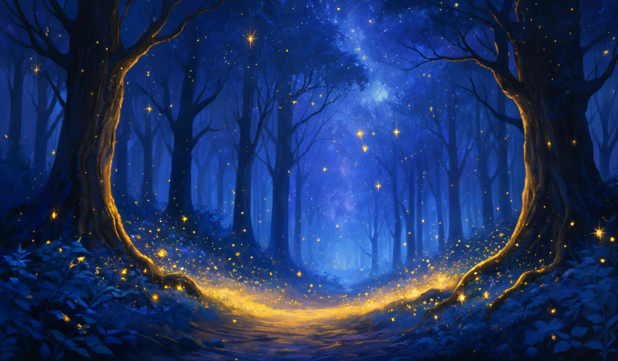 The image showcases a serene and mystical forest scene during nighttime. The dominant colors are deep blues and golds. The trees are tall and slender, with their trunks and branches prominently displayed. The ground is covered with foliage, and there's a pathway leading through the forest. The most captivating element is the multitude of glowing stars and fireflies that illuminate the scene, casting a warm golden glow amidst the cool blue backdrop.