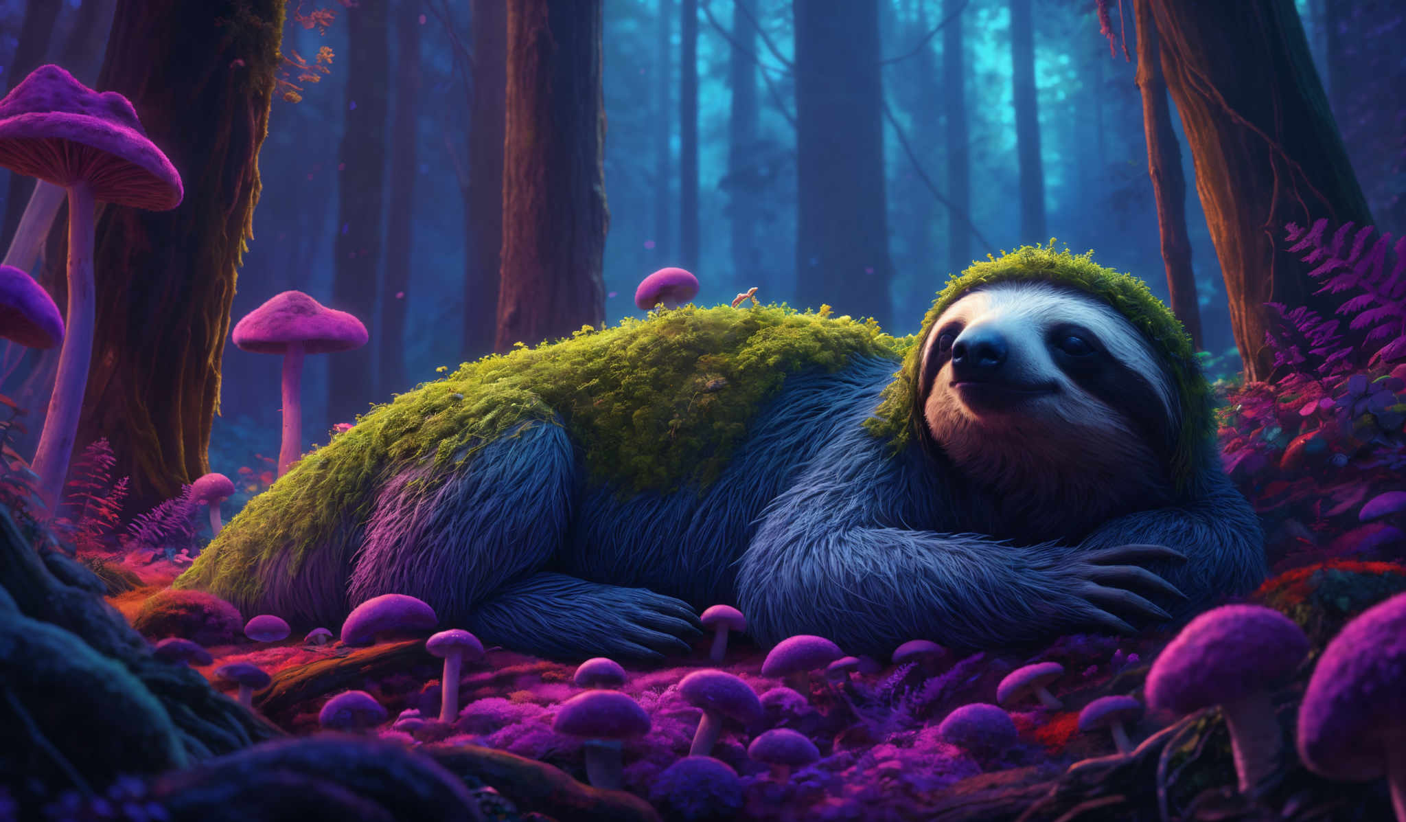 The image showcases a vibrant and mystical forest setting. Dominating the scene is a large sloth, which appears to be resting on a bed of vibrantly colored mushrooms. The sloth has a green moss-covered back and a face that exudes a calm and serene expression. The forest is illuminated by a soft blue light, casting a magical glow on the tall trees and the myriad of mushroom varieties present. The colors are predominantly shades of blue, purple, and pink, creating a dreamy and otherworldly atmosphere.