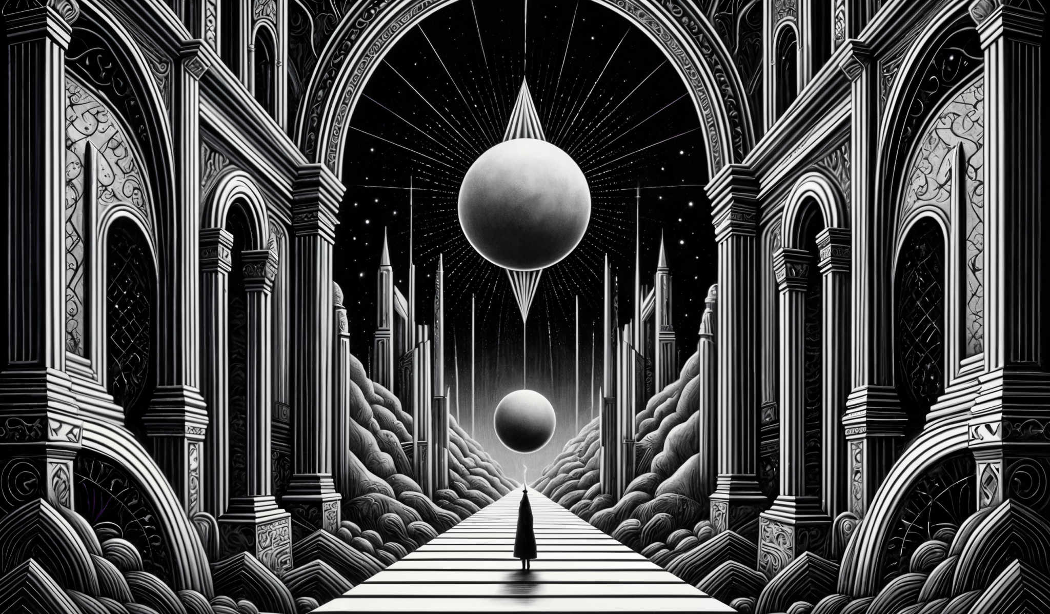 The image is primarily in black and white, with intricate patterns and designs. It showcases a grand architectural structure, possibly a gothic cathedral, with tall arches and detailed carvings. The central focus is a large, spherical object emitting rays of light, surrounded by smaller spheres. At the bottom, there's a lone figure standing on a pathway, looking up towards the central light source. The pathway is flanked by ornate designs and leads towards the horizon. The entire scene is set against a backdrop of a starry night sky.