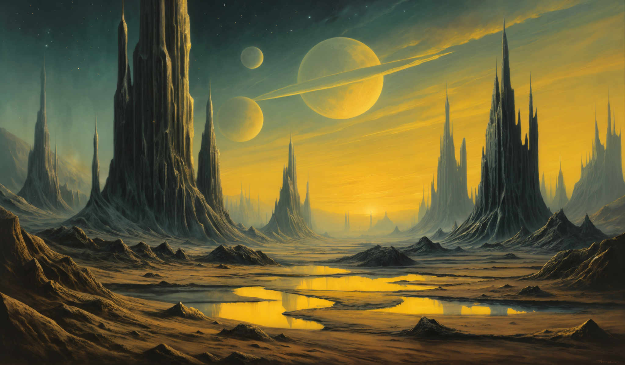 The image showcases a surreal landscape with towering, jagged rock formations reaching up to the sky. The sky is dominated by a vibrant orange hue, possibly indicating a sunset or sunrise. There are multiple celestial bodies, including planets and moons, visible in the sky, with one particularly large planet having rings around it. The ground is rugged with pockets of water reflecting the sky's colors. The overall atmosphere is one of awe and mystery, reminiscent of an alien or otherworldly setting.