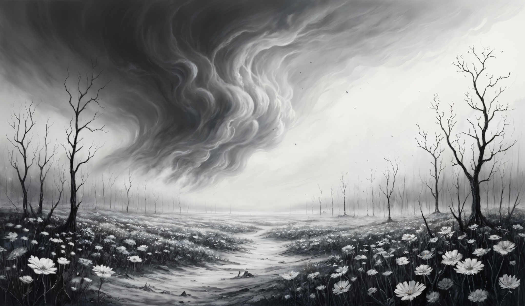 The image predominantly features monochromatic shades of gray, black, and white. The sky is filled with swirling, dark clouds that seem to be in motion, creating a dramatic and intense atmosphere. Below the sky, there's a landscape of barren trees with twisted branches, suggesting a desolate or post-apocalyptic setting. The ground is covered with a field of white flowers, contrasting starkly with the dark surroundings. A pathway or stream meanders through the middle of the field, leading the viewer's eye deeper into the scene.