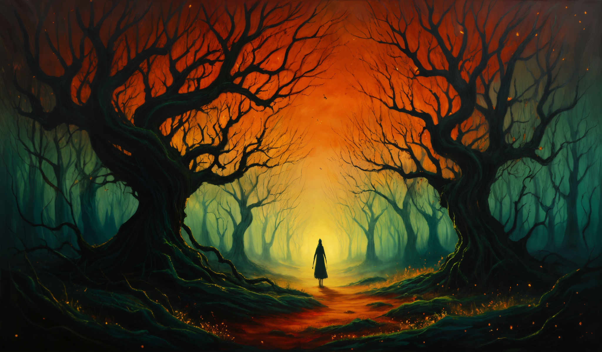 The image showcases a surreal and mystical forest scene. The dominant colors are shades of orange, green, and blue. The trees, which are gnarled and twisted, have a dark hue and their branches extend outwards in intricate patterns. The ground is covered with moss and small glowing objects, possibly fireflies or magical entities. A lone figure stands in the center, facing away from the viewer, walking towards a bright light source that appears to be a gateway or portal. The overall atmosphere is eerie, enchanting, and filled with a sense of wonder.