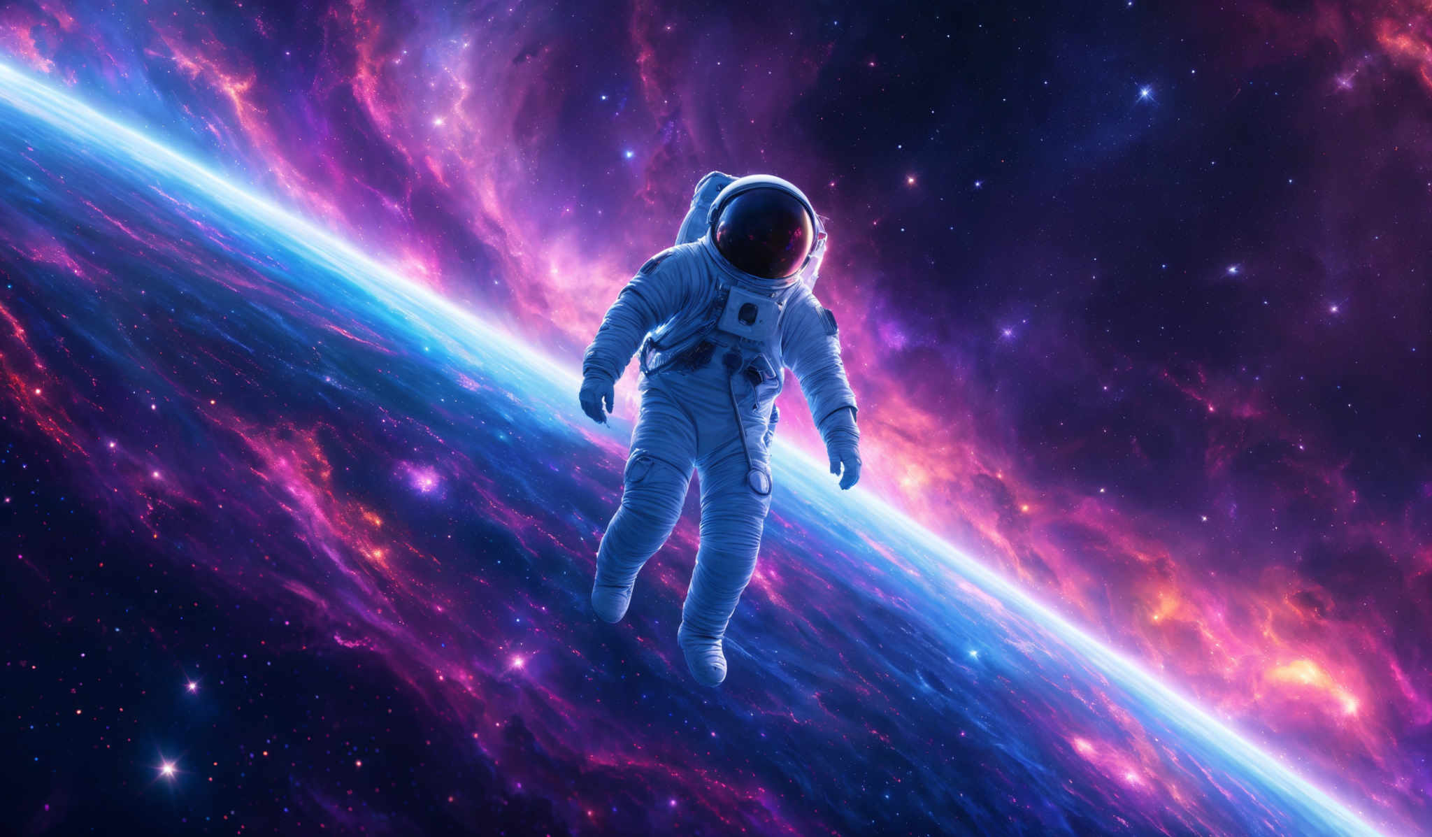 The image showcases a vibrant cosmic scene with a myriad of colors ranging from deep purples and blues to fiery oranges and reds. Dominating the foreground is an astronaut in a full spacesuit, floating against the backdrop of a planet's atmosphere. The planet' s surface is visible below, displaying a mix of blue and purple hues, possibly indicating the presence of oceans or clouds. Above the planet, the cosmos is filled with stars, nebulae, and other celestial phenomena, creating a breathtaking and ethereal atmosphere.