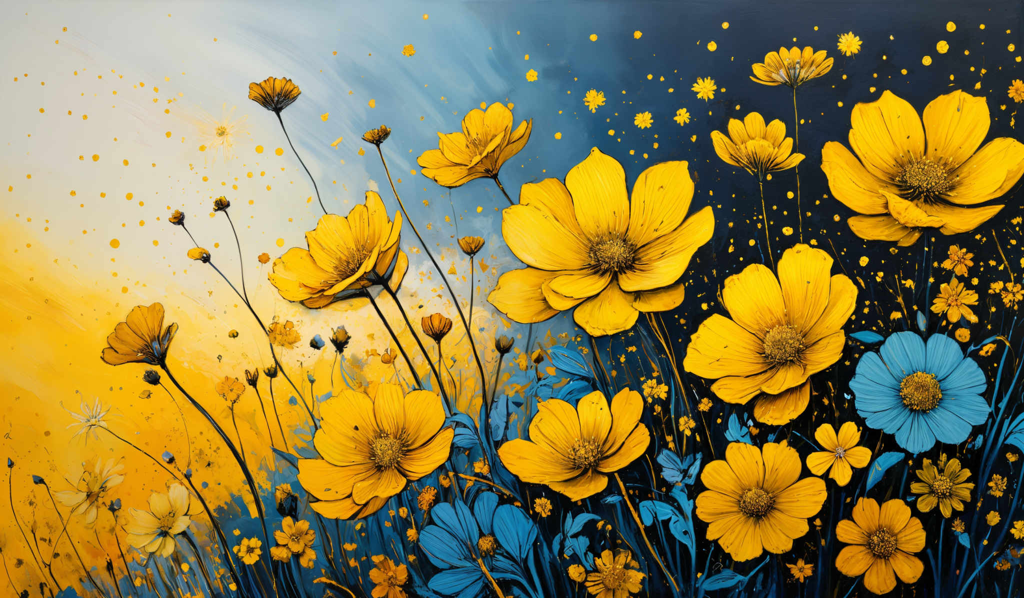 The image showcases a vibrant and colorful depiction of flowers. The dominant colors are shades of yellow and blue. The flowers are large, with petals that radiate outwards, showcasing intricate details of their centers. The background is a gradient of colors, transitioning from a light blue at the top to a warm yellow at the bottom, with scattered golden specks that give the impression of falling petals or perhaps sunlight.