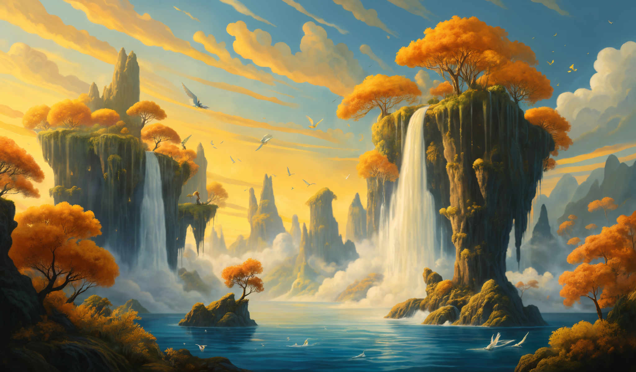 The image showcases a breathtaking landscape with tall, rocky cliffs and waterfalls cascading down them. The cliffs are adorned with trees that have vibrant orange foliage, possibly indicating a season like autumn. The sky is painted in hues of blue and gold, with fluffy white clouds scattered about. Birds can be seen flying around, and there's a serene body of water at the base of the cliffs, reflecting the surrounding beauty. The overall ambiance of the image is one of tranquility and natural splendor.