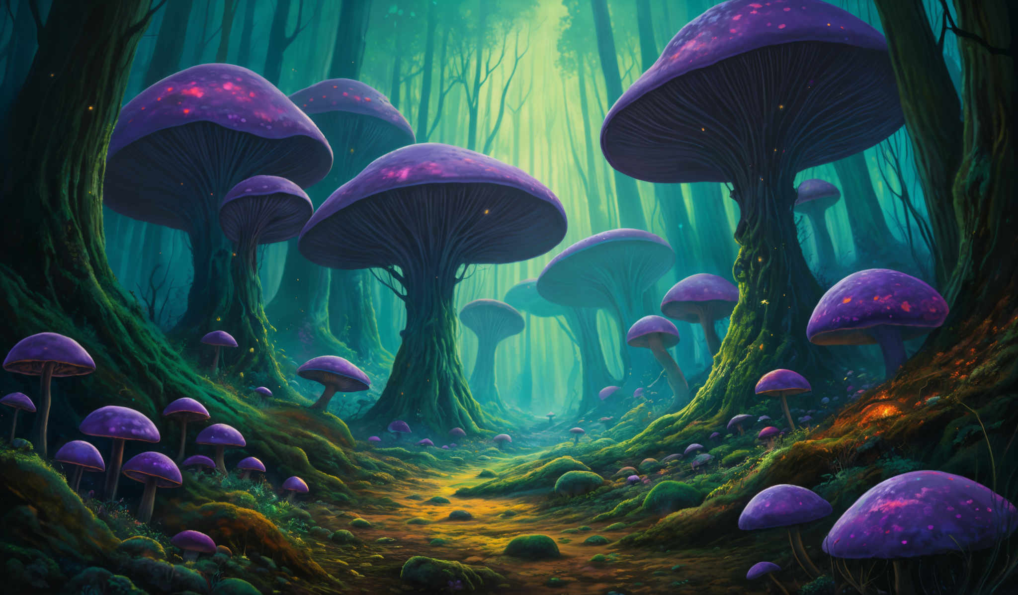 The image showcases a mystical forest with tall, slender trees that have a dark green hue. The ground is covered with vibrant green moss and small plants, and there are numerous large, vivid purple mushrooms with glowing spots on them. The mushroom caps are shaped like umbrellas and have a slightly curved top. The light filtering through the trees creates a serene and magical ambiance, with rays of green illuminating the forest floor.