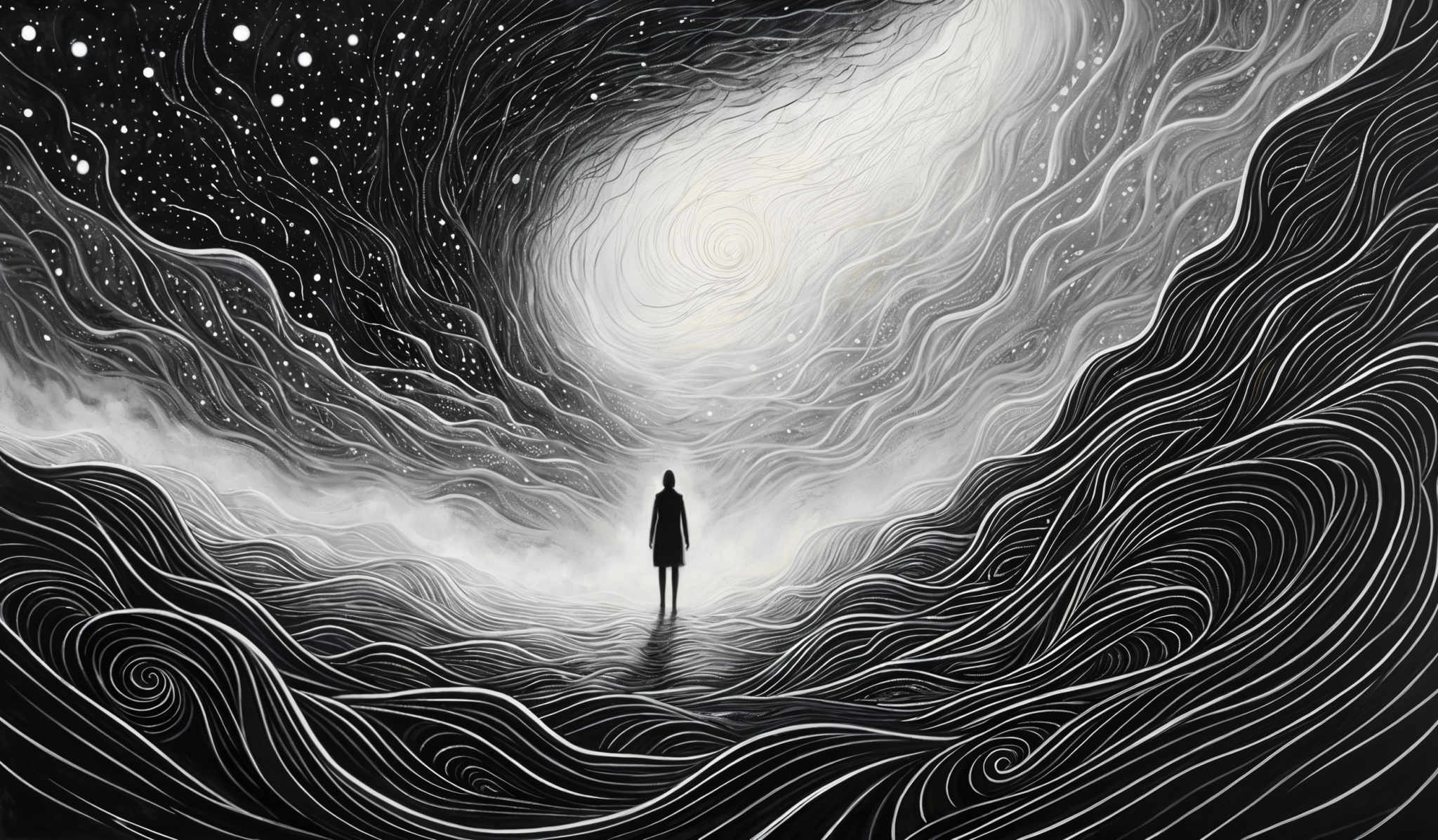 The image predominantly features monochromatic shades of black, white, and gray. It showcases a swirling pattern of wavy lines that resemble flowing water or perhaps even energy. At the center, there's a bright white swirl that emanates a radiant glow, almost like a light source or a portal. A silhouette of a person stands in the foreground, seemingly gazing at the swirly patterns, adding a sense of scale and perspective to the image's vastness.