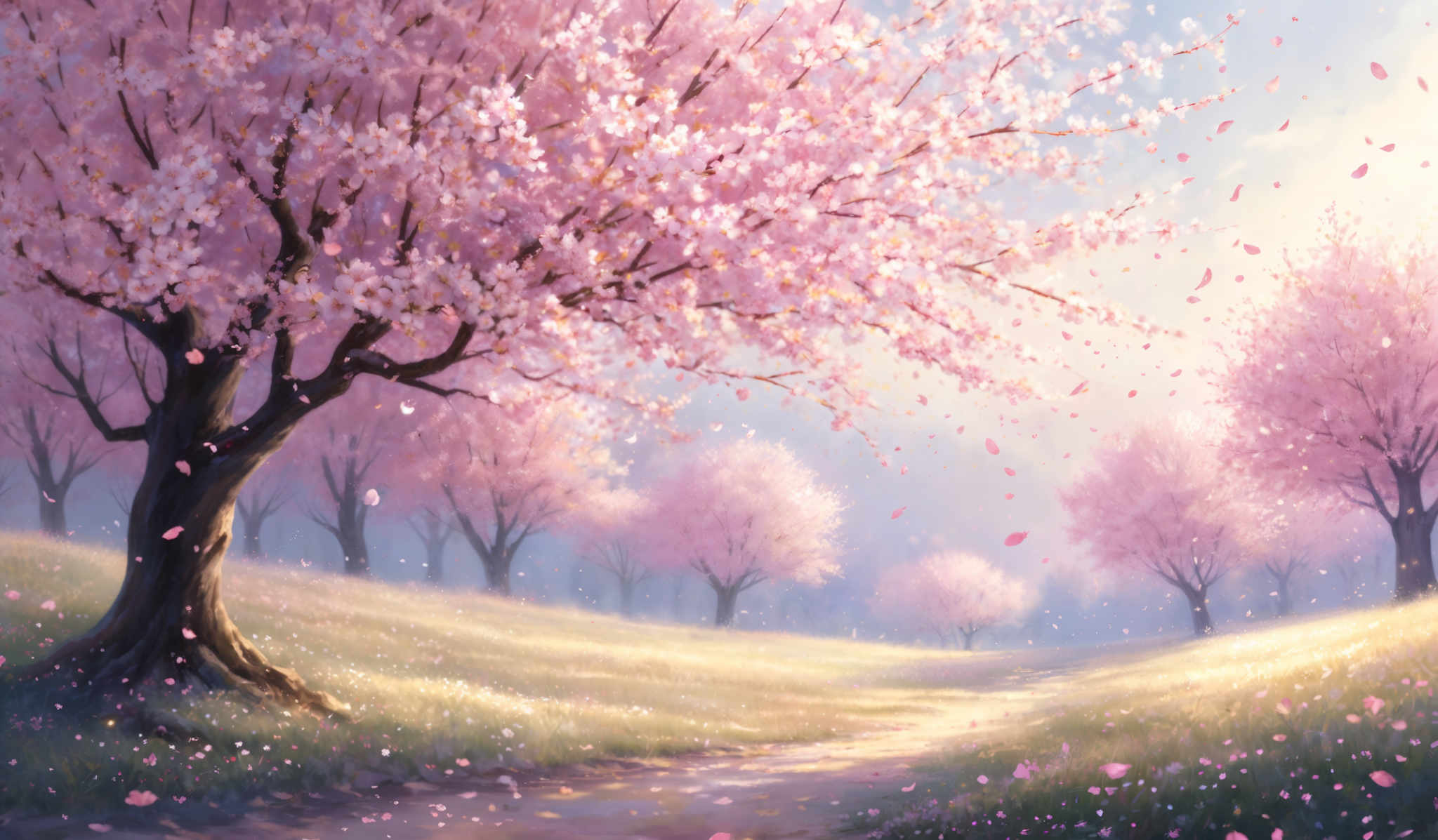 The image showcases a picturesque landscape dominated by a large tree in the foreground. This tree is in full bloom, with its branches heavy with pink blossoms. The petals are falling in a gentle cascade, creating a soft pink mist in the air. The background reveals a series of similar trees, with their canopies forming a gentle canopy over a meadow. The meadow is dotted with small white flowers and a winding path that leads the viewer's eye deeper into the scene. The sky above is a soft blue, with hints of sunlight filtering through, casting a warm glow over the entire landscape.