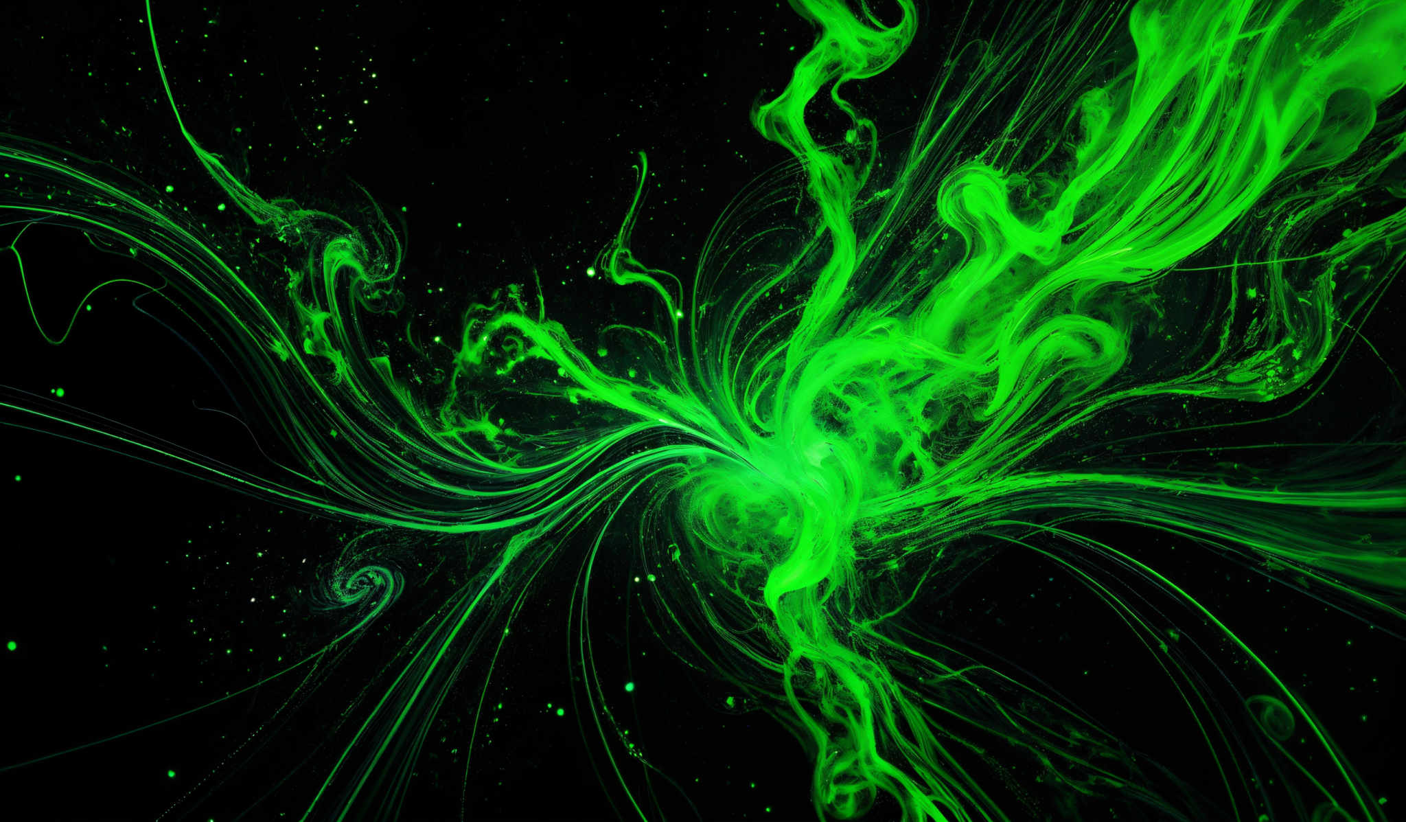 The image showcases a vibrant and dynamic interplay of green and black. The green, which appears to be a fluid or energy, swirls and flows in intricate patterns, creating an almost ethereal and otherworldly effect. The black serves as a stark contrast, providing a backdrop that accentuates the brightness and movement of the green. The overall impression is one of energy, motion, and perhaps even a cosmic or mystical force.