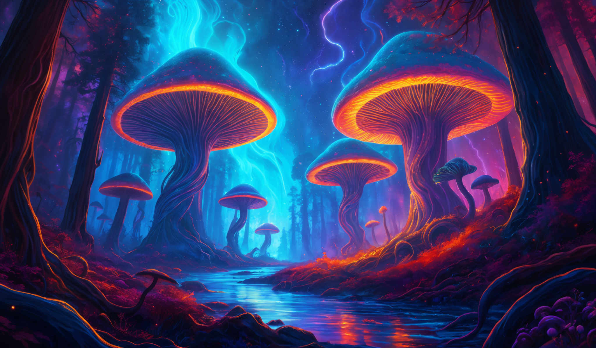 The image showcases a vibrant and surreal forest scene. Dominating the scene are large, luminescent mushrooms with vivid orange glowing caps and intricate purple and blue patterns on their stems. These mushroom giants tower over the surrounding environment. The forest itself is bathed in a mix of deep purples, blues, and fiery oranges, creating a dreamlike atmosphere. There are tall trees with twisted trunks, and the ground is covered in a carpet of red and purple foliage. A serene river or stream flows through the forest, reflecting the colors of the surroundings. Lightning bolts can be seen in the distance, adding to the mystical ambiance of the scene.