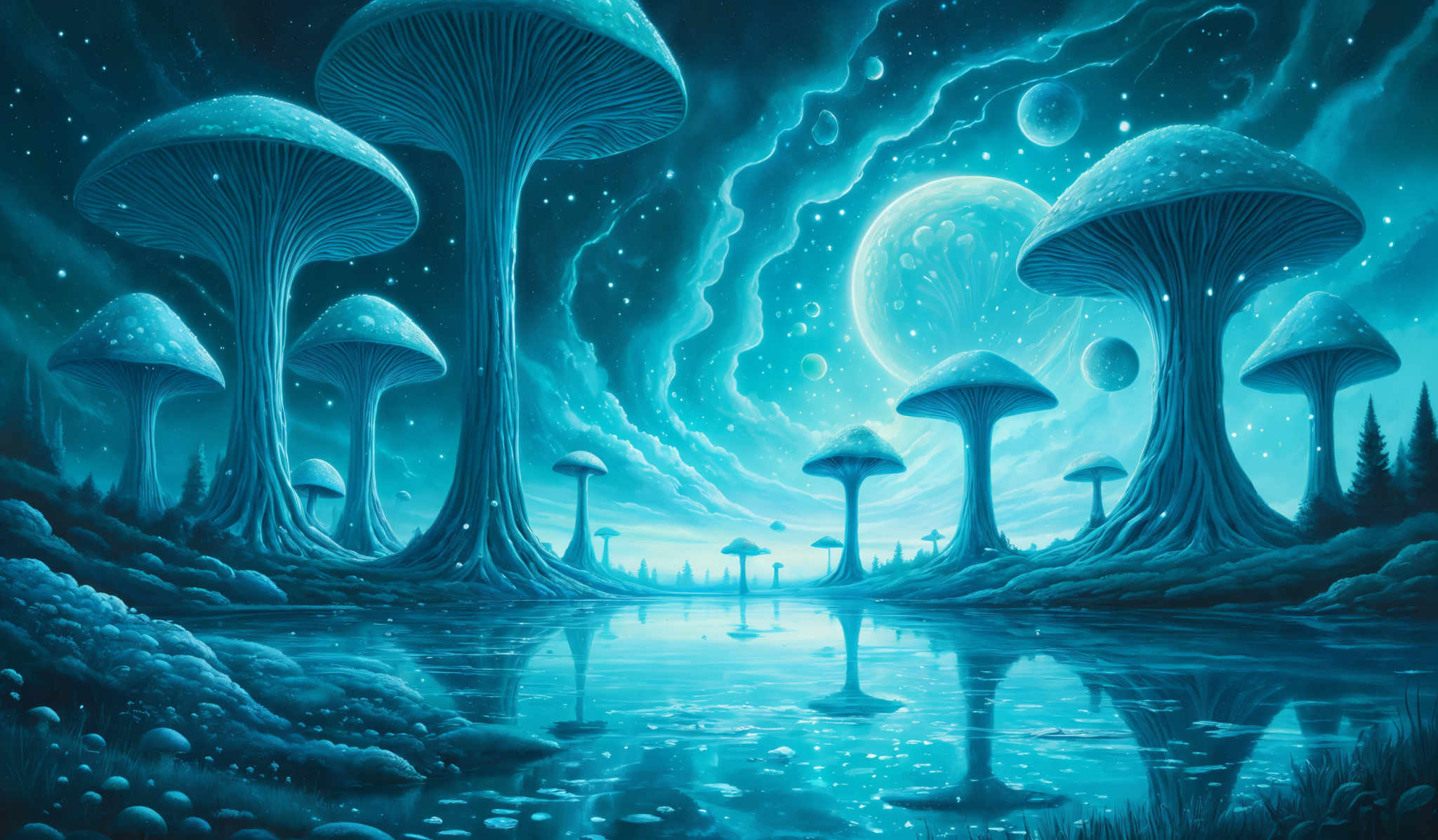 The image showcases a surreal and dreamlike landscape dominated by large, towering mushrooms. These mushroom structures are elongated and have a smooth, almost crystalline texture. They are illuminated by a radiant blue light, which casts a glow on the surrounding environment. The sky is filled with swirling clouds and celestial bodies, including planets and moons, all rendered in shades of blue. The ground is reflective, mirroring the mushrooms and the celestrial display above. The overall color palette is dominated with various shades and tints of blue, creating a serene and mystical atmosphere.