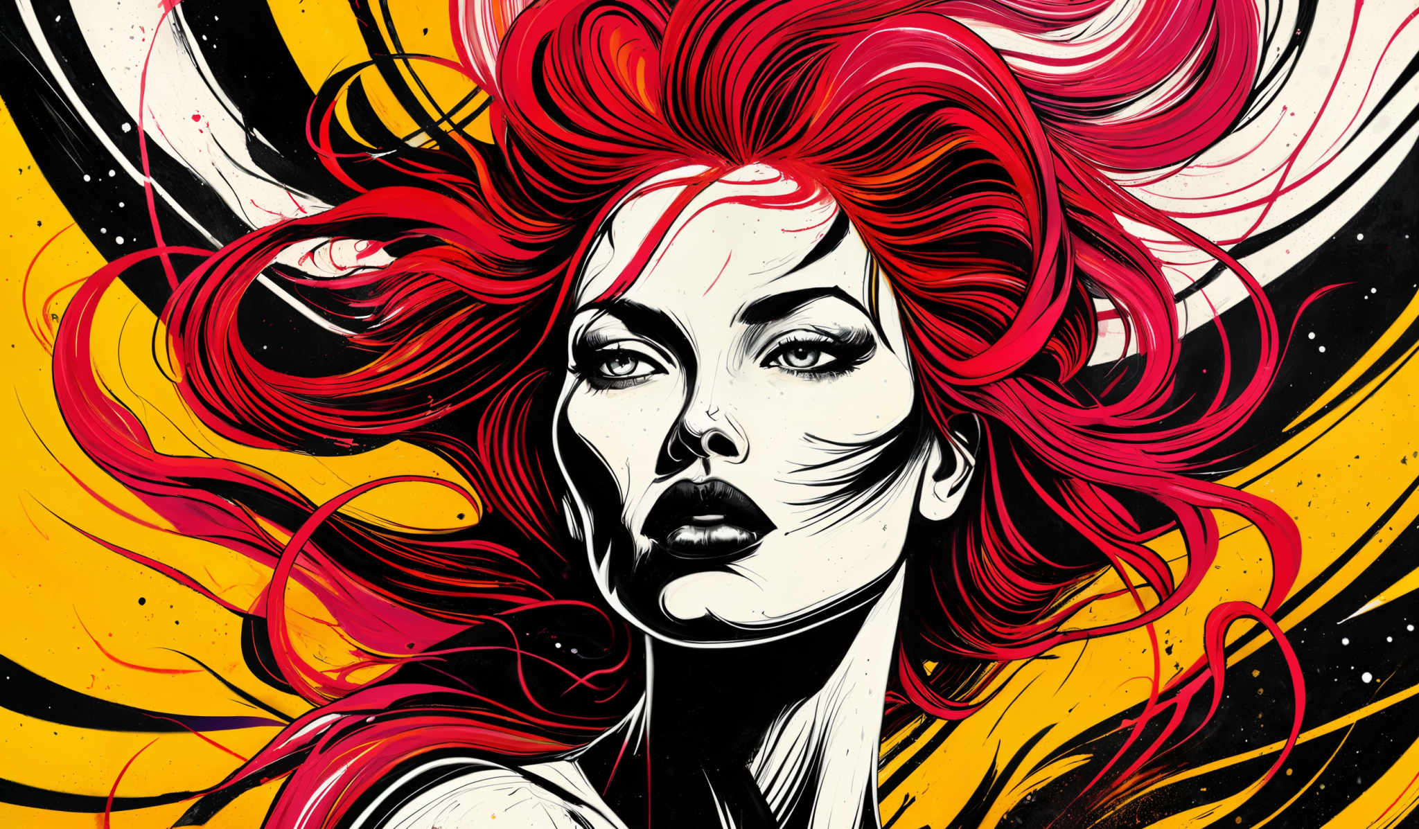 The image showcases a vibrant portrait of a woman with striking red hair that flows wildly around her. The background is a mix of bright yellow and black, creating a dynamic contrast. The woman's face is predominantly in black and white, with her eyes being the most detailed and expressive part. The overall artwork exudes a sense of energy and movement.