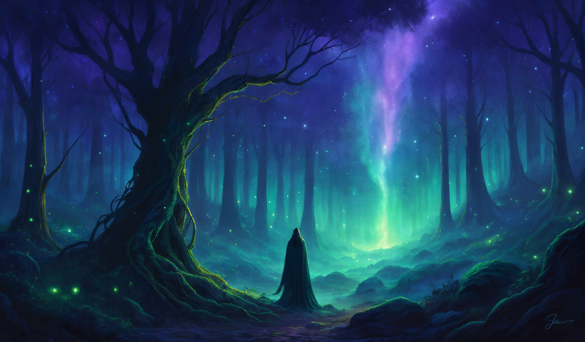 The image showcases a mystical forest with tall, slender trees that have gnarled and twisted branches. The forest is bathed in a deep blue and purple hue, giving it an ethereal and otherworldly feel. A radiant, luminous beam of light, possibly representing a celestial body or a magical phenomenon, shines brightly from the center, casting a soft glow throughout the scene. The ground is covered with moss and rocks, and there are glowing green orbs scattered throughout, possibly indicating fireflies or some form of magical life. In the foreground, a solitary figure draped in a cloak stands, facing the light, adding a sense of wonder and contemplation to the scene, as if they are witnessing a celestic event or are on a spiritual journey.