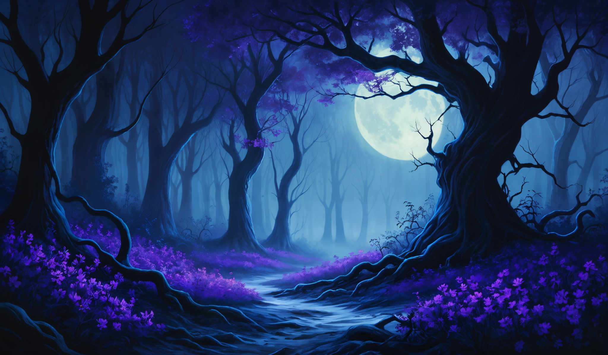 The image showcases a mystical forest scene. Dominating the scene are tall, twisted trees with gnarled branches. The trees have a dark, almost black hue, contrasting with the vibrant purple and blue tones of the surrounding foliage and flowers. The ground is covered in a carpet of purple flowers, and a meandering stream flows through the forest, reflecting the luminescent glow of the moon. The moon itself is large and bright, casting a soft light that illuminates the entire scene, creating an ethereal and dreamy atmosphere.