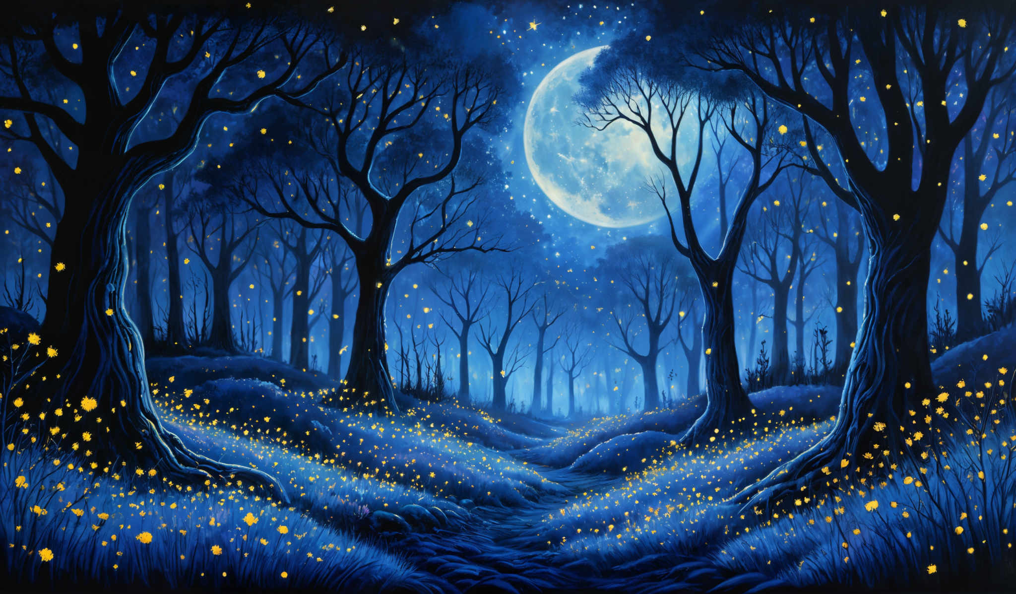 The image showcases a serene nighttime forest scene. The dominant colors are shades of blue and black, creating a cool and mystical ambiance. The trees are tall and slender, with their branches stretching outwards, forming a canopy overhead. The ground is covered with a carpet of blue grass, and scattered throughout are glowing yellow flowers or fireflies, adding a touch of magic to the scene. A large, luminous moon is visible in the background, casting a soft glow over the entire forest.