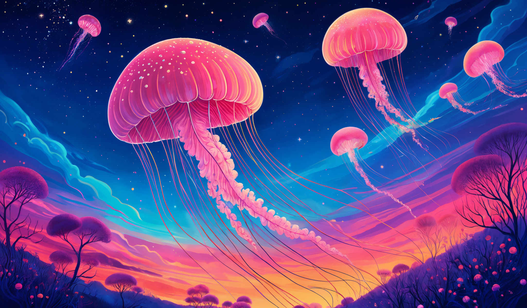 The image showcases a vibrant and surreal landscape. The dominant colors are shades of blue, pink, and purple. The sky is painted in deep blues and purples, with a sprinkling of white stars. Floating in the sky are large, luminescent jellyfish with translucent bodies and long, delicate tentacles. These jelly fish are primarily pink with white dots. Below the sky, there's a mesmerizing view of a forest with trees that glow in hues of pink and purplish-blue. The ground is adorned with small, glowing orbs and plants that emit a soft light. The entire scene exudes a dreamy and otherworldly ambiance.