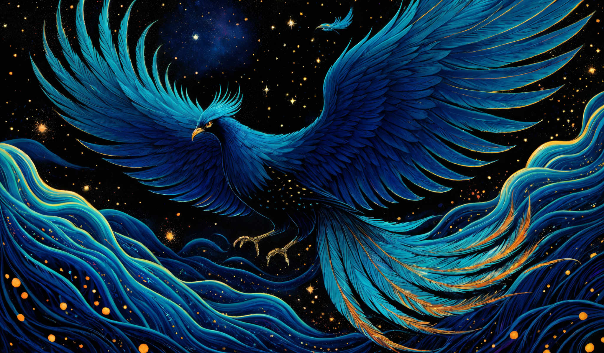 The image showcases a vibrant and detailed depiction of a large bird, possibly a phoenix or a mythical creature, with wings spread wide. The bird is predominantly blue in color, with intricate feather patterns and a striking beak. The background is a deep, starry night sky, filled with twinkling stars and a nebulous formation. The creature's body is surrounded by flowing, wavy patterns in shades of blue, which seem to be made of water or some other ethereal substance. The overall ambiance of the image is mystical and dreamlike.