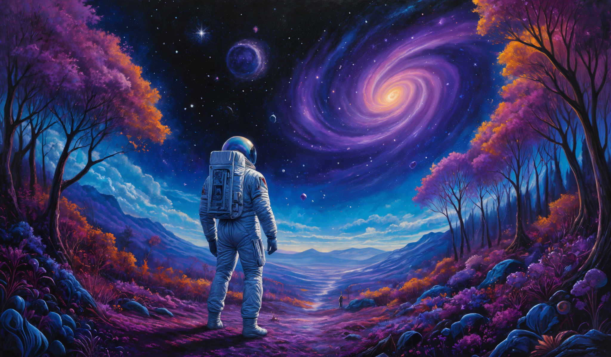 The image showcases a vibrant and surreal landscape. The dominant colors are shades of purple, blue, and orange. The sky is filled with swirling galaxies, stars, and a prominent spiral galaxy. On the ground, there's a lush forest with trees displaying autumnal colors. The forest floor is adorned with vibrantly colored flowers and mushrooms. In the foreground, an astronaut stands with their back to the viewer, gazing at the cosmic wonders above.