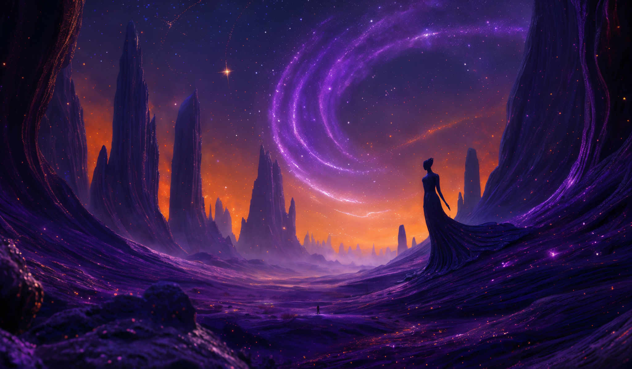 The image showcases a surreal and vibrant landscape. Dominating the scene are towering rock formations that rise majestically against a backdrop of a starry night sky. The sky is awash with hues of purple, pink, and blue, with a swirling galaxy or nebula casting a luminous glow. The ground is covered in a shimmering, luminescent substance, possibly representing a form of cosmic dust or energy. There's a silhouette of a figure, possibly a woman, standing on the right side of the image, gazing at the celestial display. The entire scene exudes a sense of wonder, mystery, and the vastness of the universe.