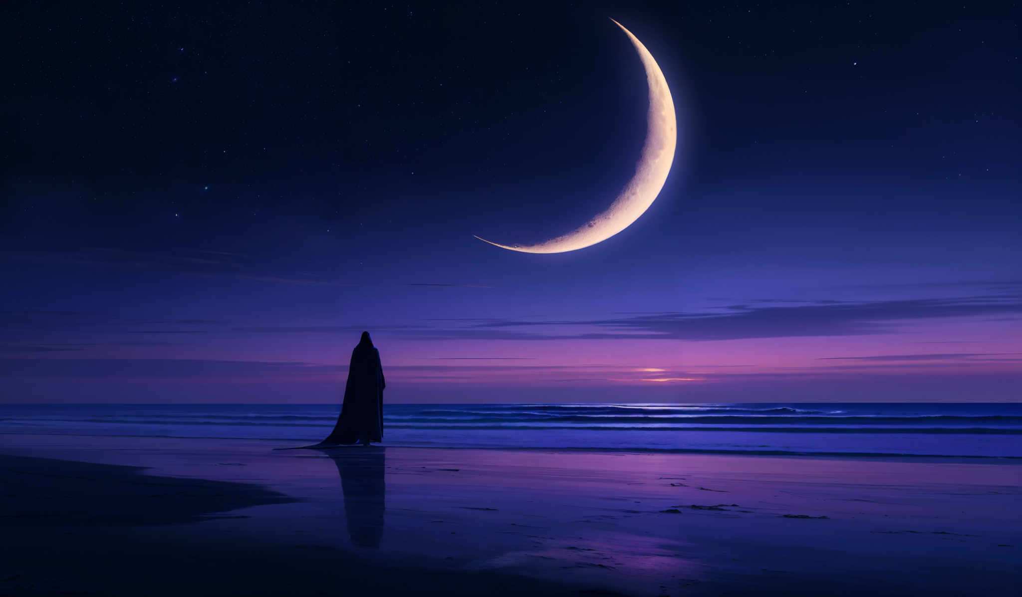 The image showcases a serene nighttime scene. The sky is dominated by deep blues and purples, punctuated by a crescent moon that glows with a soft white light. The horizon reveals a gradient of colors, transitioning from a deep purple to a soft pink, hinting at the setting or rising sun. Below, a calm beach stretches out, reflecting the colors of the sky. A solitary figure, possibly a woman, stands near the water's edge, draped in a long, flowing robe. The figure's reflection can be seen in the wet sand, adding a sense of depth and tranquility to the scene.