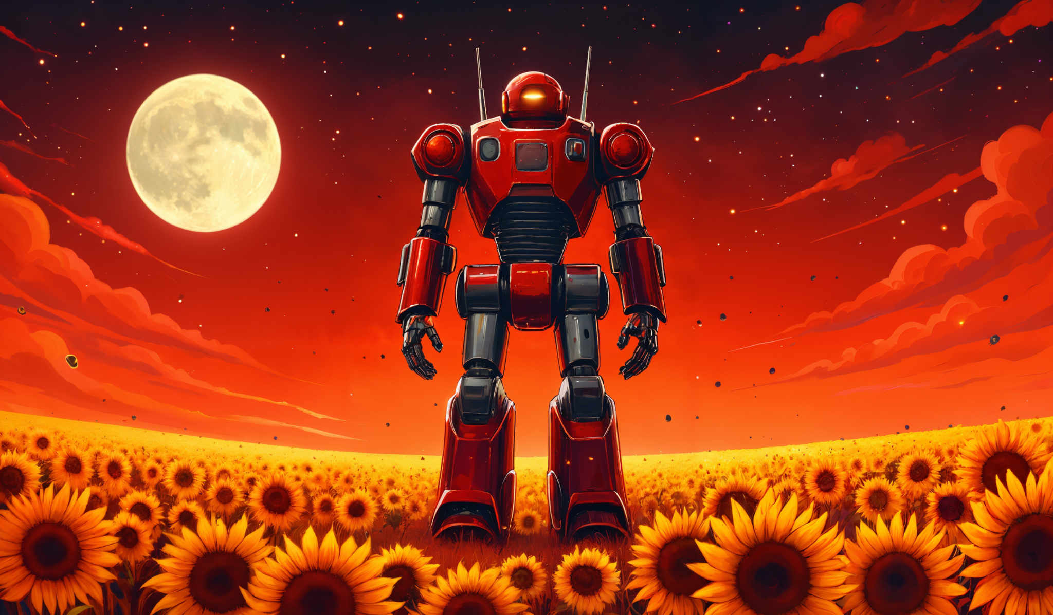 The image showcases a vibrant red robot standing amidst a vast field of sunflowers. The robot is tall and has a humanoid form with two arms and two legs. It has a glowing light on its chest and antennae on its head. The sky is painted in deep red hues, with swirling clouds and a large, bright moon. The sunflower field is bathed in a warm golden light, and the sunflowERS themselves are depicted with bright yellow petals and dark centers.