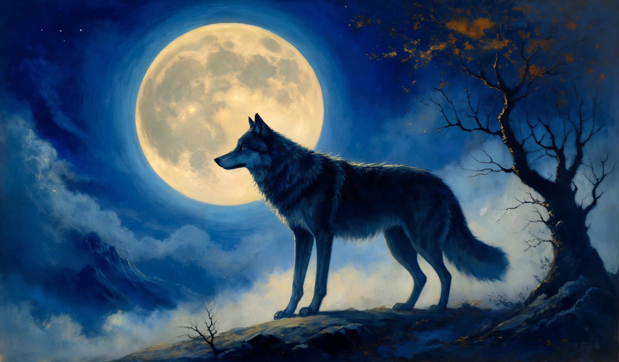 The image predominantly features shades of blue and white, with the moon being a bright, almost luminous yellow. The wolf is depicted in dark shades, contrasting with the lighter background. The landscape consists of rocky terrains, with a barren tree on the right side. The sky is filled with clouds, and there are a few distant stars visible. The moon appears to be either full or nearly full, casting a bright glow over the scene.