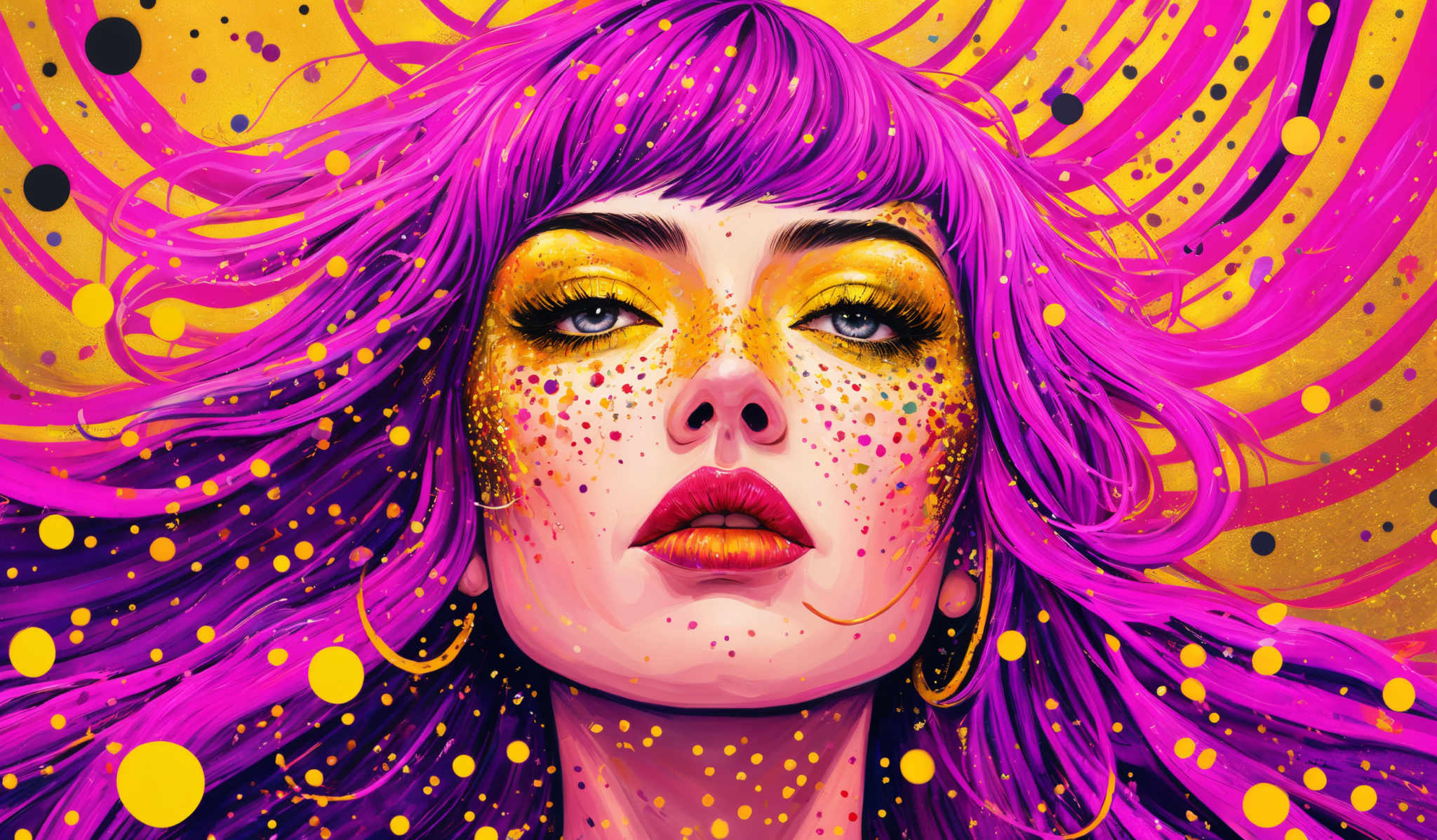 The image showcases a vibrant portrait of a woman with long, flowing pink hair. She has striking yellow eyeshadow and her face is adorned with multicolored freckles. The background is a burst of golden hues with swirling patterns and scattered yellow circles, giving an impression of a cosmic or ethereal setting.