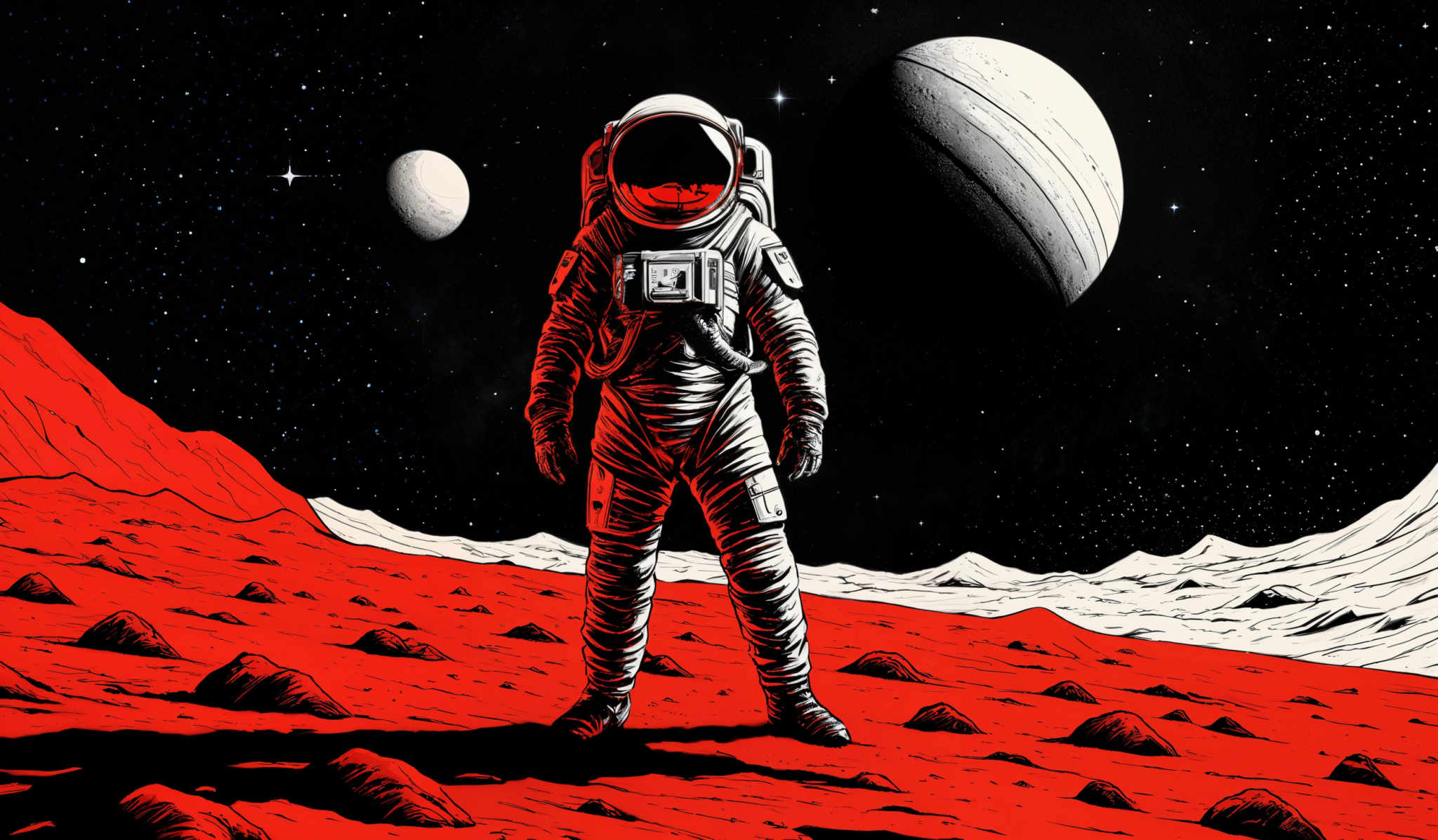 The image predominantly features a rich palette of reds, blacks, and whites. The astronaut is depicted in white, contrasting sharply with the red surface of the planet. The background showcases a deep black space dotted with stars, and there are two celestial bodies, possibly planets, visible. One is larger and has a striped pattern, while the other is smaller and round. The foreground displays rugged terrain with multiple rock formations.