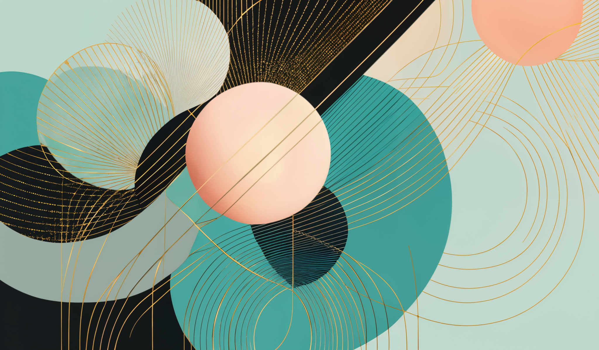 The image showcases a vibrant and abstract design. It predominantly features a combination of teal, pink, and gold colors. The shapes are predominant circles and semi-circles, intertwined with intricate gold lines that form overlapping patterns. The design gives a sense of harmony and balance, with the contrasting colors and patterns creating a visually appealing composition.