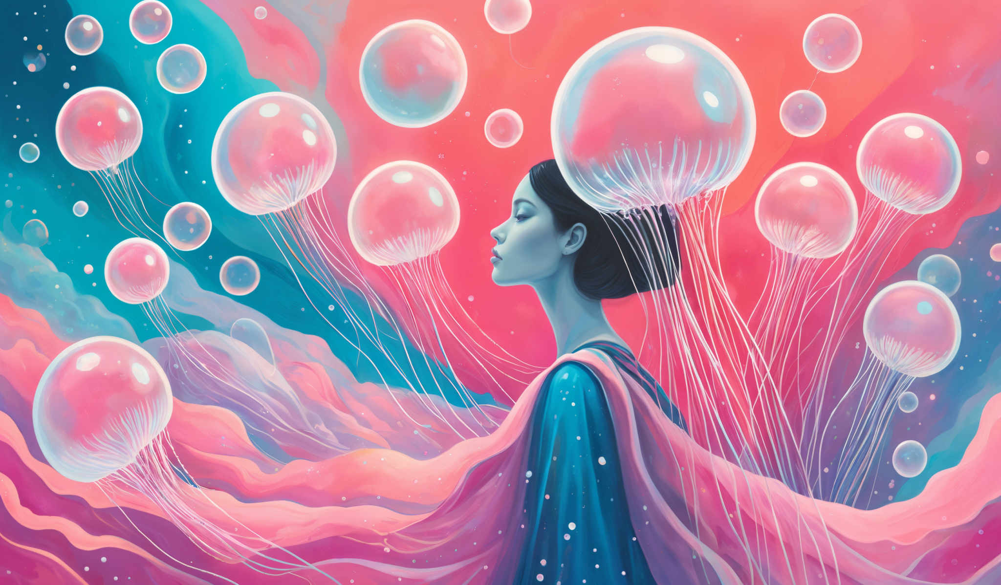 The image showcases a vibrant and surreal scene. The dominant colors are shades of pink, blue, and turquoise. The central figure is a woman with a serene expression, her skin painted in a deep blue hue. She is adorned with a flowing, translucent gown that transitions from a deep shade of blue to a soft pink. Her hair is neatly tied up, and she appears to be floating or levitating amidst a sea of translucence. Surrounding her are numerous jellyfish-like orbs, floating in the air, each glowing with a soft luminescence. The background is a blend of deep blue and turbulent pink waves, creating an ethereal and dreamlike atmosphere.