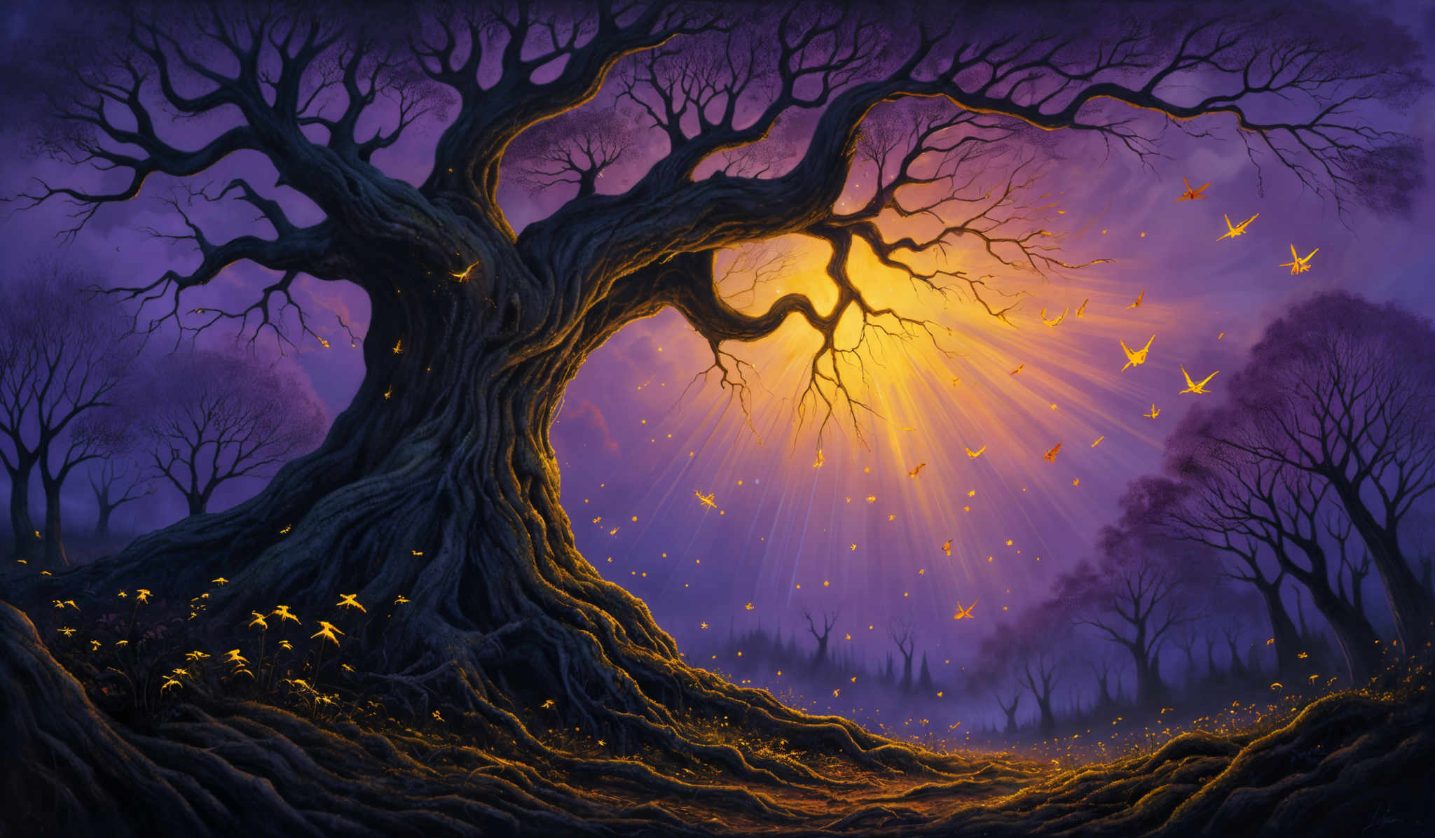 The image showcases a large, twisted tree with sprawling branches. The tree's bark is dark and rugged, and it stands prominently against a backdrop of a purple-hued sky. The sky is illuminated by a radiant, golden sun that casts a warm glow, creating a contrast with the cooler tones of the tree and the surrounding environment. The ground is covered with a carpet of golden leaves, and there are numerous birds flying around, possibly in a flock. The overall ambiance of the image is mystical and serene.