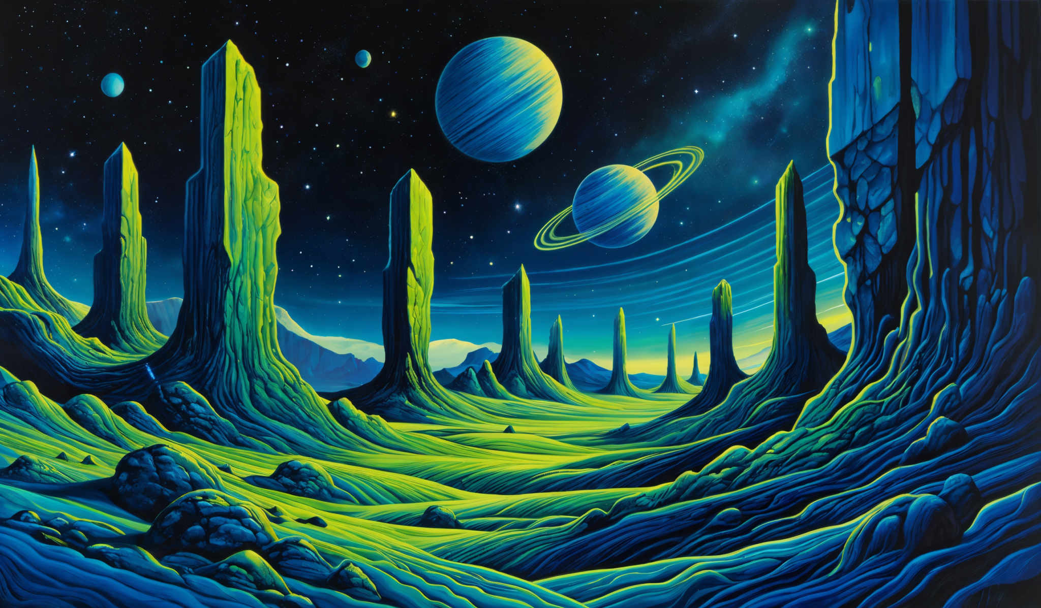 The image showcases a vibrant and surreal landscape. Dominated by deep blues and bright yellows, the scene features towering rock formations that appear to be made of a luminescent material. These formations are surrounded by undulating terrains with wavy patterns, possibly indicating flowing water or wind. Above, the sky is filled with a myriad of stars, and there are multiple planets or celestial bodies visible, some with rings around them. The overall ambiance of the image is otherworldly, evoking feelings of wonder and curiosity.