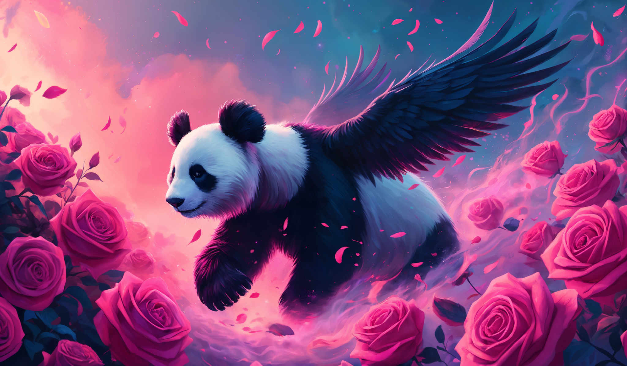 The image showcases a vibrant and colorful scene. Dominating the center is a panda with large wings, appearing as if it's soaring or flying. The panda is surrounded by a myriad of pink roses, which seem to be floating or swaying in the air. The background is a blend of deep blues and pinks, creating a dreamy and ethereal atmosphere. Petals or leaves are scattered throughout the image, adding to the sense of movement and fluidity.