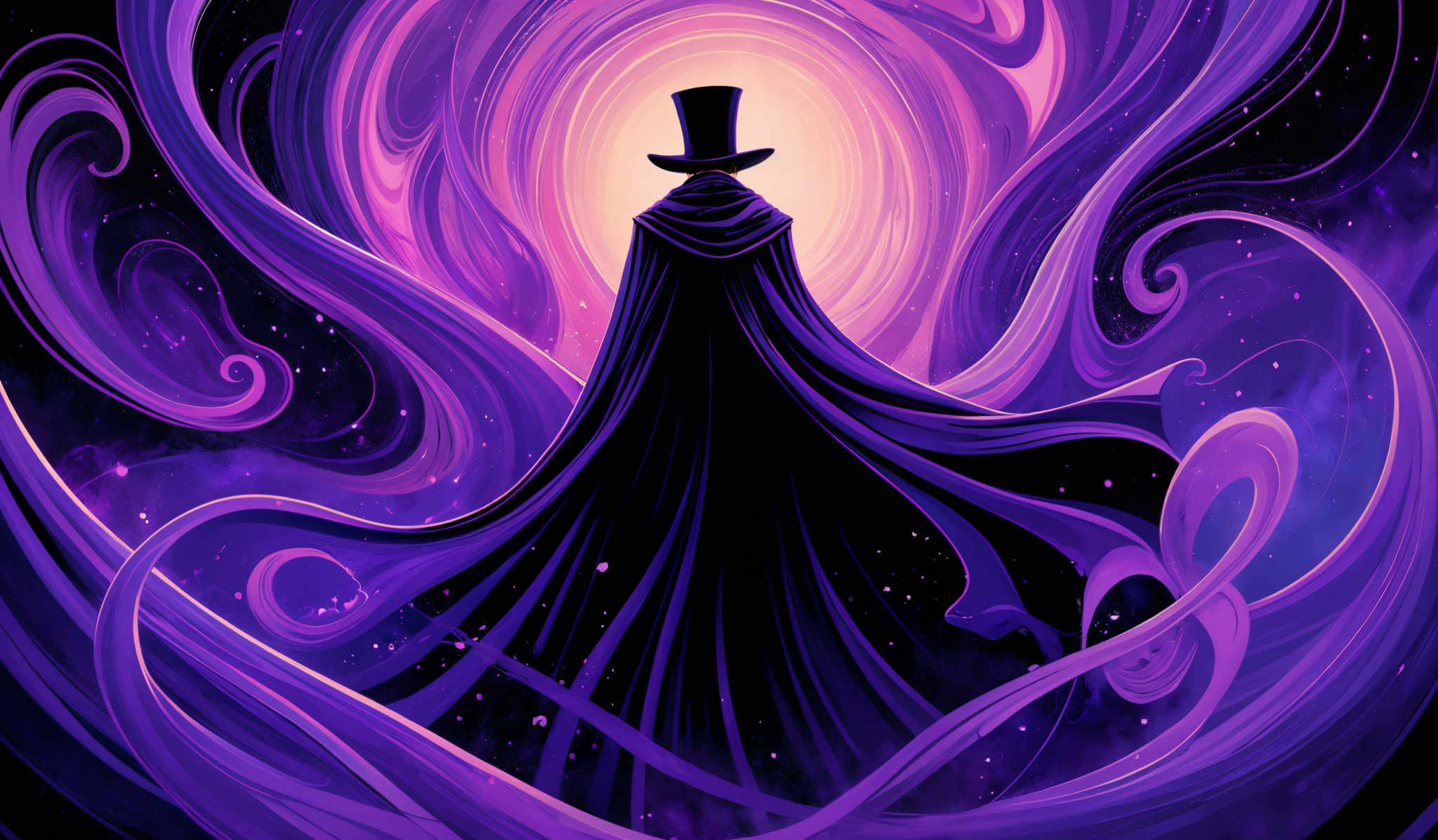 The image predominantly features shades of purple, ranging from deep violet to lighter lavender. The central figure is silhouetted, wearing a tall hat and cloak, and appears to be standing in front of a radiant, glowing orb. The swirling patterns around the figure are reminiscent of flowing fabric or waves, creating a sense of movement and fluidity. The overall ambiance of the image is mysterious and ethereal.