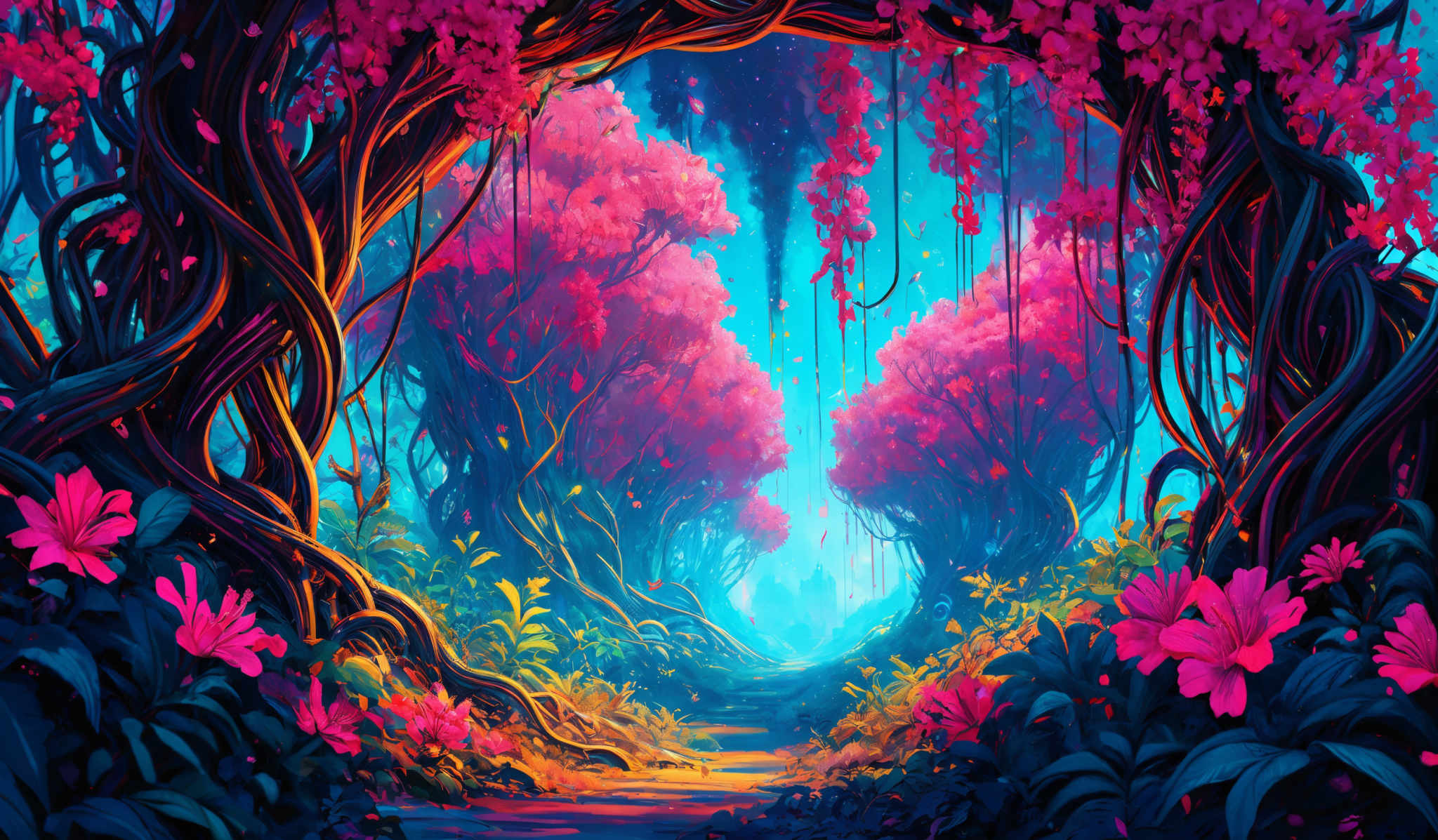 The image showcases a vibrant and mystical forest scene. Dominating the foreground are large, twisted trees with intertwining branches and roots. These trees have a rich, dark hue, contrasting with the bright pink blossoms that hang from their branches. The ground is covered in lush green foliage, with a pathway leading through the center. The pathway is illuminated with a golden light, suggesting it might be a sunlit area. The background reveals a deeper forest with a blueish hue and hints of other trees, giving a sense of depth and vastness to the scene.