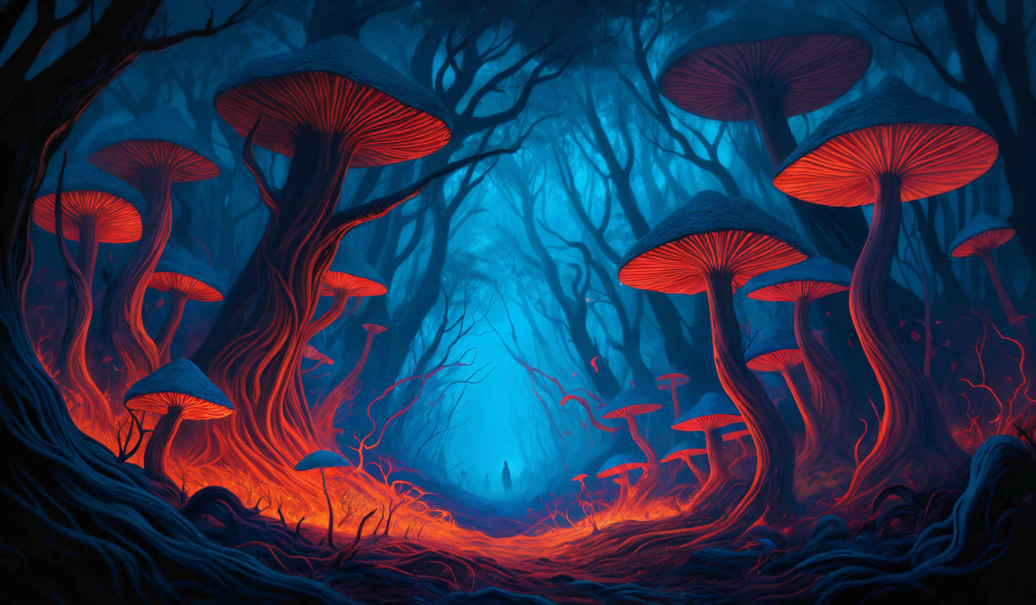 The image showcases a surreal and vibrant forest scene dominated by gigantic mushrooms. These mushroom caps are a fiery orange-red hue, contrasting with the cool blue tones of the surrounding environment. The stems of the mushrooms are twisted and elongated, giving them an almost tree-like appearance. The forest floor is covered in a thick carpet of red-orange flames, suggesting a mystical or otherworldly phenomenon. In the background, there's a faint silhouette of a lone figure, possibly a person, standing amidst the trees, adding to the enigmatic atmosphere of the scene.