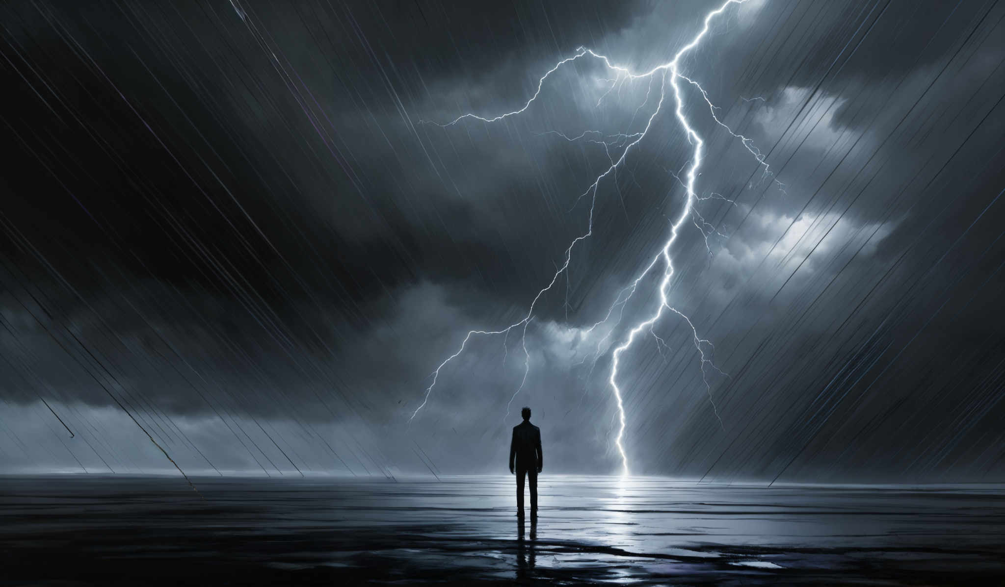 The image predominantly features dark and moody tones. The sky is filled with heavy, stormy clouds, and there's a vivid display of lightning striking down. The lightning bolt is bright white and jagged, contrasting sharply with the dark gray and black clouds. The ground appears wet, reflecting the light from the sky, and a solitary figure stands in the foreground, silhouetted against the backdrop of the storm. The figure seems to be observing the lightning, adding a sense of scale and contemplation to the scene.