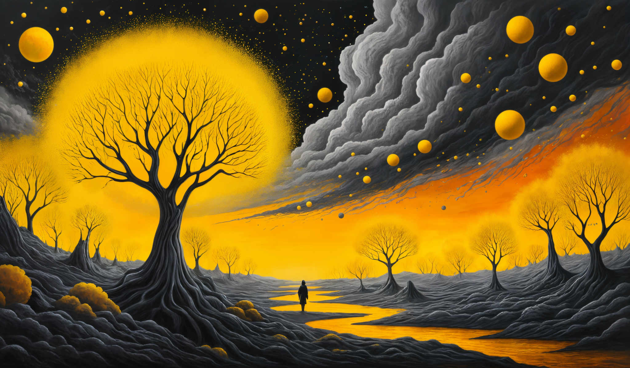 The image showcases a surreal landscape dominated by dark and vibrant colors. The sky is filled with large, floating golden spheres and is contrasted by dark, billowing clouds. The ground is covered with wavy, black patterns that resemble both water and rock formations. There are multiple trees, some of which are golden and others dark, standing tall against this backdrop. A lone figure stands in the distance, gazing at the horizon where the golden sky meets the darker land.