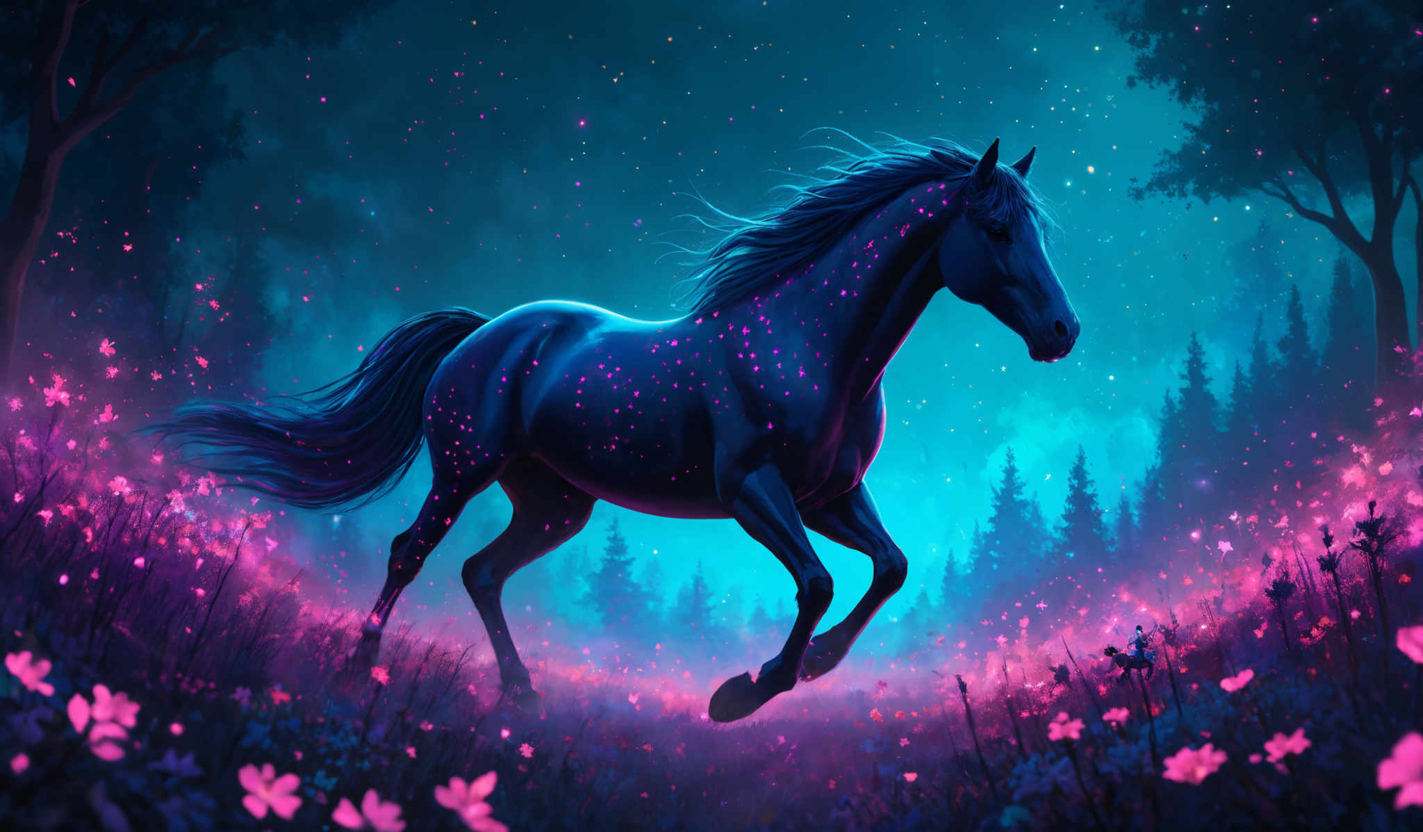 The image showcases a vibrant and mystical scene. The dominant colors are shades of blue, purple, and pink. The shape is that of a horse, which appears to be in mid-gallop, surrounded by a magical aura. The horse's mane and tail are flowing, and it seems to be surrounded by glowing particles or fireflies. The background features a forest with tall trees, and the ground is covered in a field of flowers, illuminated by the same ethereal light.