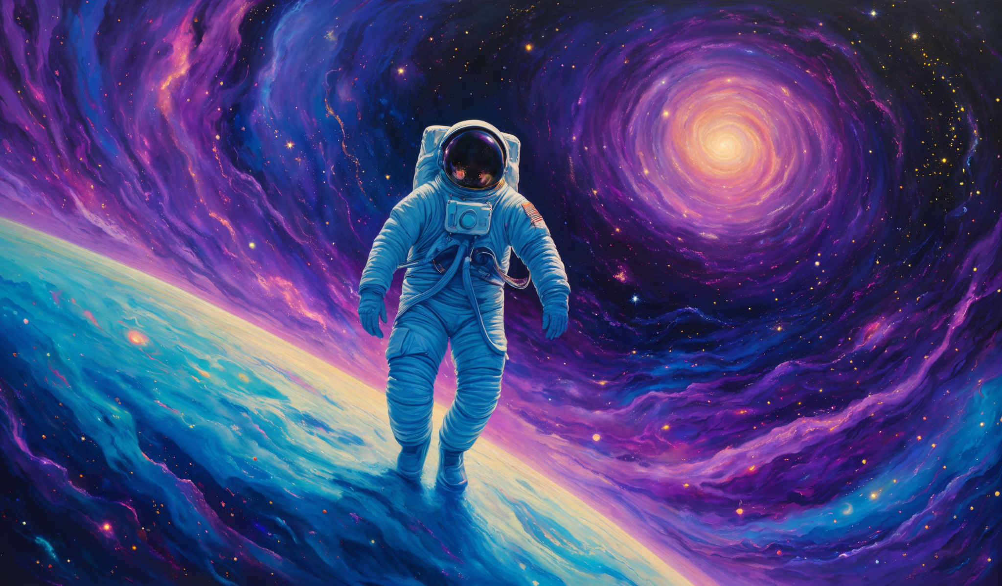 The image showcases a vibrant cosmic scene with swirling galaxies and nebulae in hues of purple, blue, and pink. At the center, there's a radiant, glowing orange-yellow star or possibly a black hole. An astronaut, donned in a white spacesuit with a reflective visor, floats gracefully in the foreground, seemingly in the midst of this cosmic wonder. The astronaut's suit is detailed with various equipment and patches, and the reflection in the visor hints at a celestial body behind the astronaut.