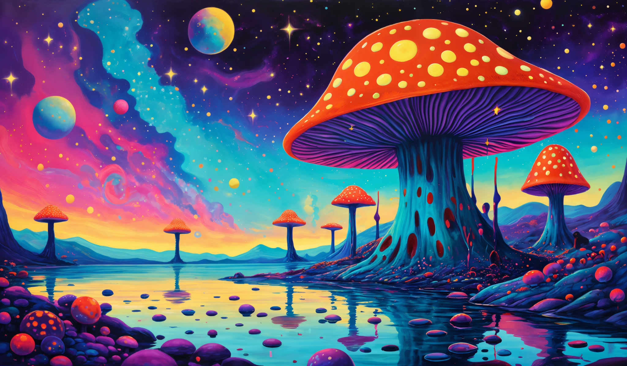 The image showcases a vibrant and surreal landscape dominated by large, vividly colored mushrooms. The mushroom caps are bright orange with yellow spots, and the stems are deep blue. The background is a mesmerizing blend of purples, blues, and pinks, resembling a cosmic or celestial scene with stars, nebulae, and planets. The landscape is reflected in a serene body of water below, and there are smaller mushrots scattered throughout the scene. The overall ambiance is dreamy and otherworldly.