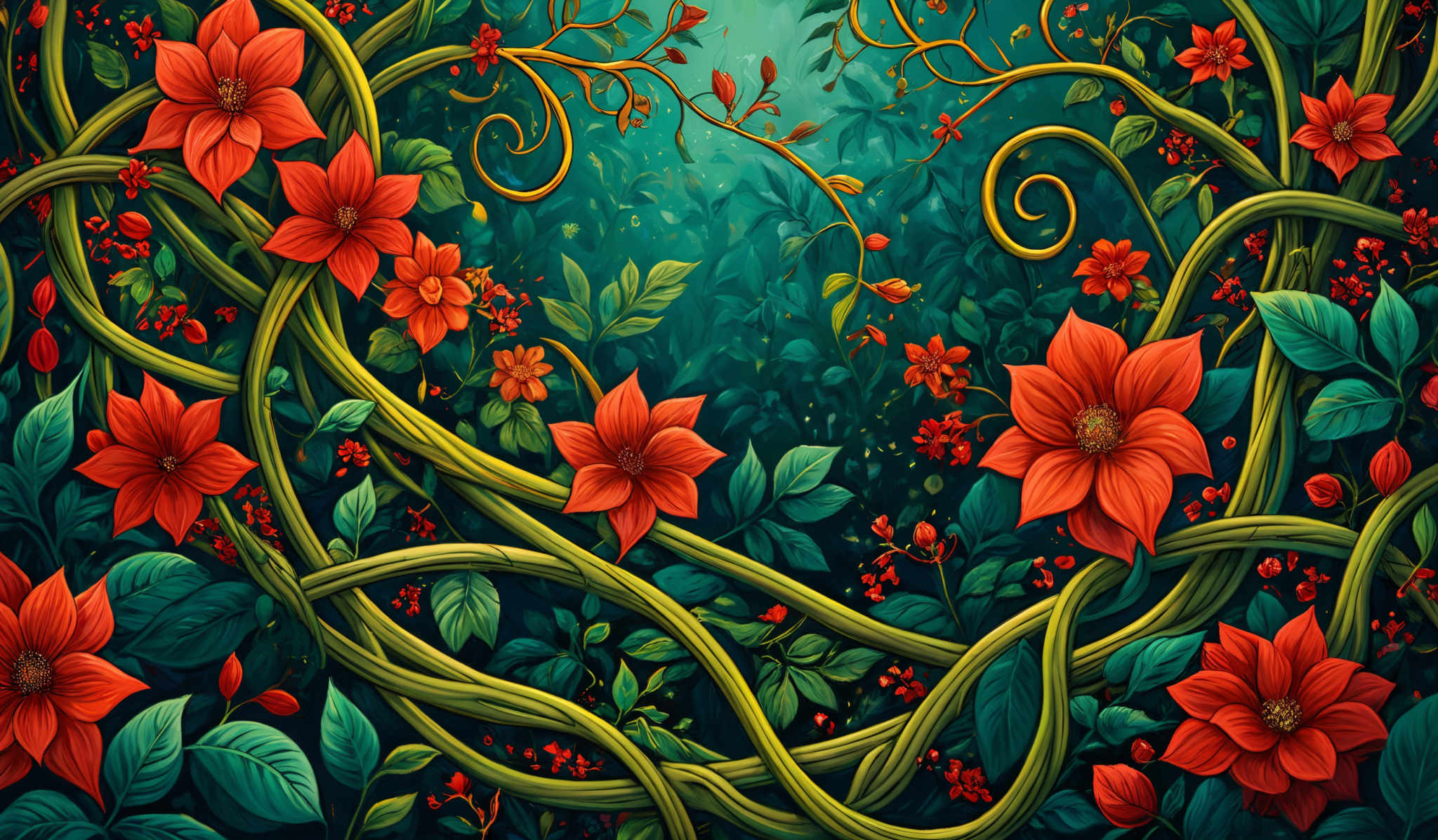 The image showcases a vibrant and intricate intertwining of green and red vines and leaves. The vines have a curling and twisting nature, intermingling with each other. The leaves are large, lush, and predominantly green with some showing hints of red. The flowers are large and bright red with a detailed center. They are surrounded by smaller red buds and red berries. The background is a deep shade of green, giving a sense of depth and making the red flowers pop out even more.