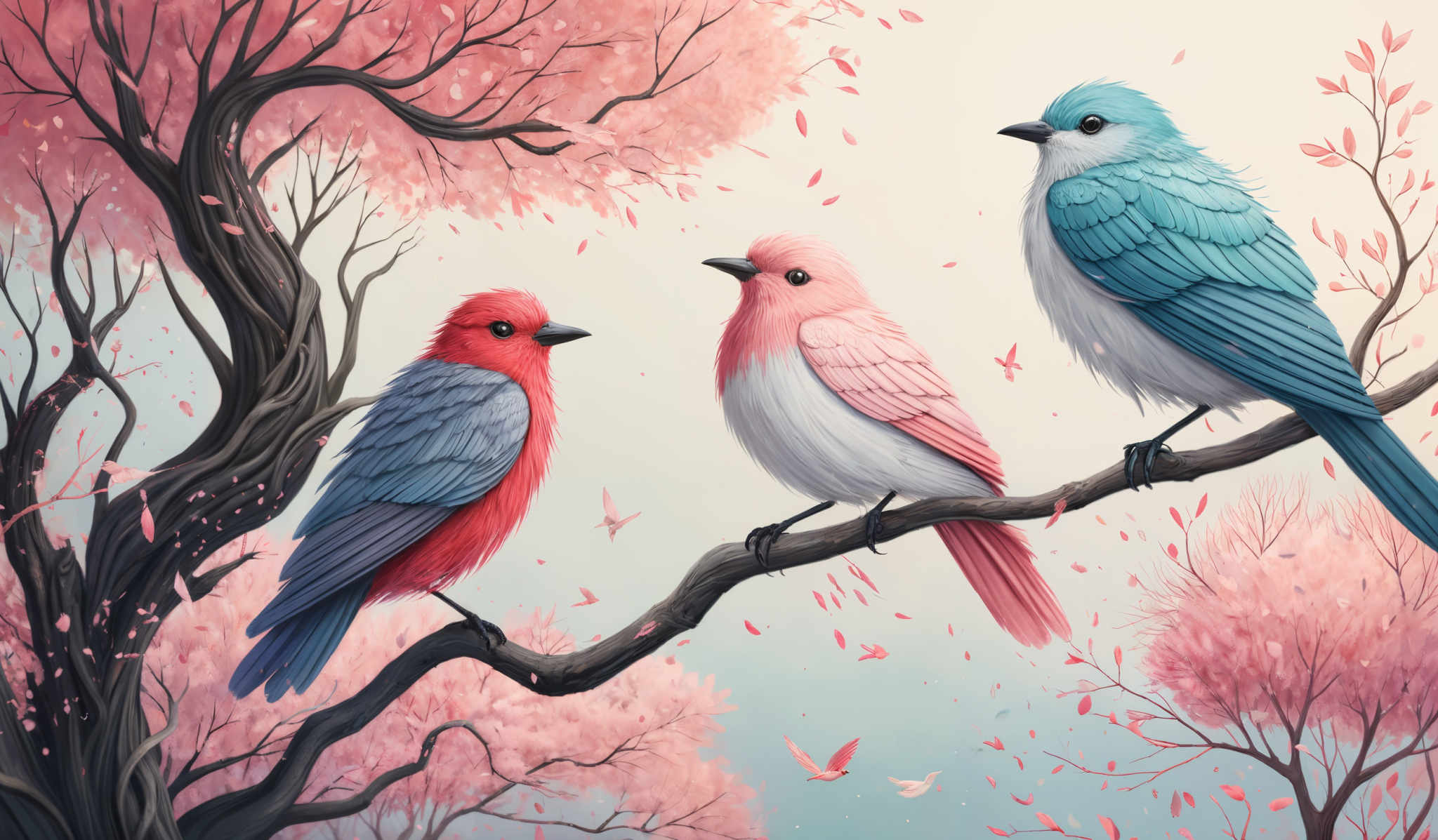 The image showcases three vibrantly colored birds perched on a branch. The bird on the left is predominantly red with blue wings, the middle bird is a blend of pink and white, and the bird on right is primarily blue with hints of white. The background is filled with pink blossoming trees, and there are falling pink petals in the air. The overall ambiance of the image is serene and dreamy.