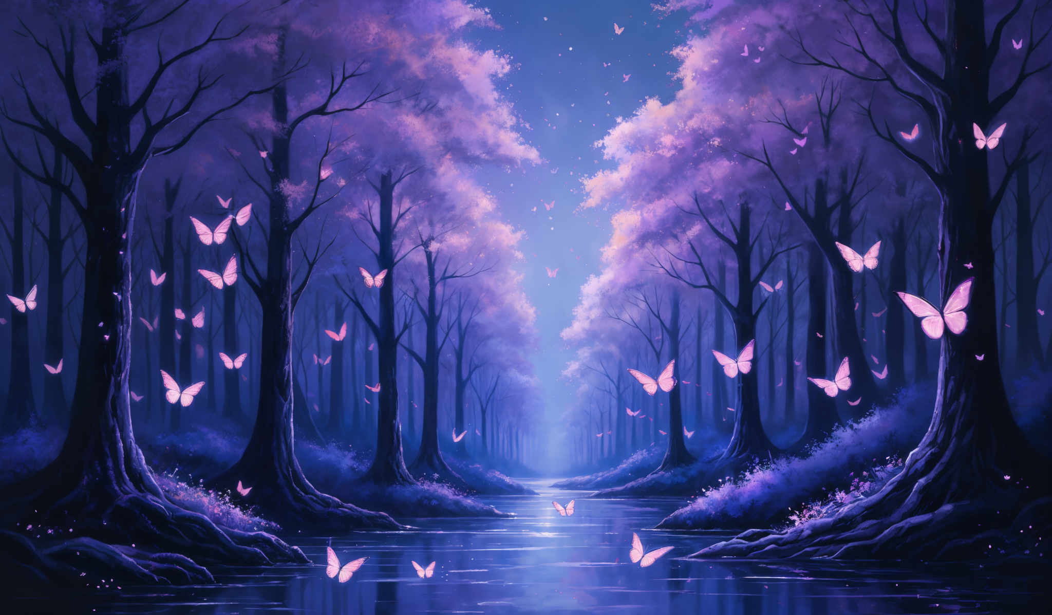 The image showcases a serene and mystical forest scene. The dominant colors are shades of purple and blue, creating a dreamy and ethereal atmosphere. The trees are tall and slender, with their trunks extending upwards and their canopies filled with glowing purple leaves. The ground is covered with lush vegetation, and there's a calm river flowing through the center. The river reflects the surrounding trees and the vibrant colors of the forest. On the river's surface, there are numerous glow-in-the-dark butterflies, adding to the magical ambiance of the scene.