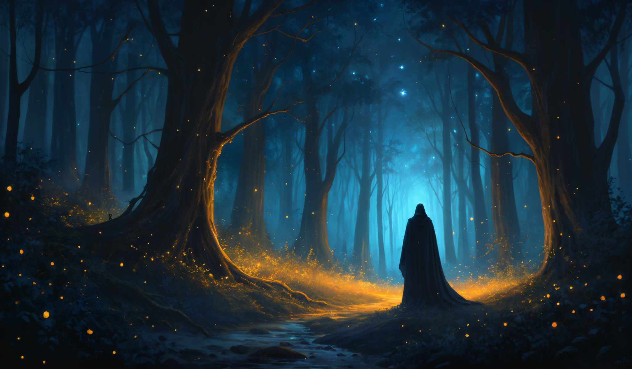 The image showcases a mystical forest with tall, slender trees whose branches stretch out in various directions. The ground is covered with fallen leaves and there's a soft, blueish glow permeating the scene, possibly from the moon or some other celestial body. The forest floor is scattered with glowing orbs, resembling fireflies or magical entities, casting a warm, golden light. In the center, a lone figure draped in a cloak stands, facing away from the viewer, adding an element of mystery and solitude to the scene.