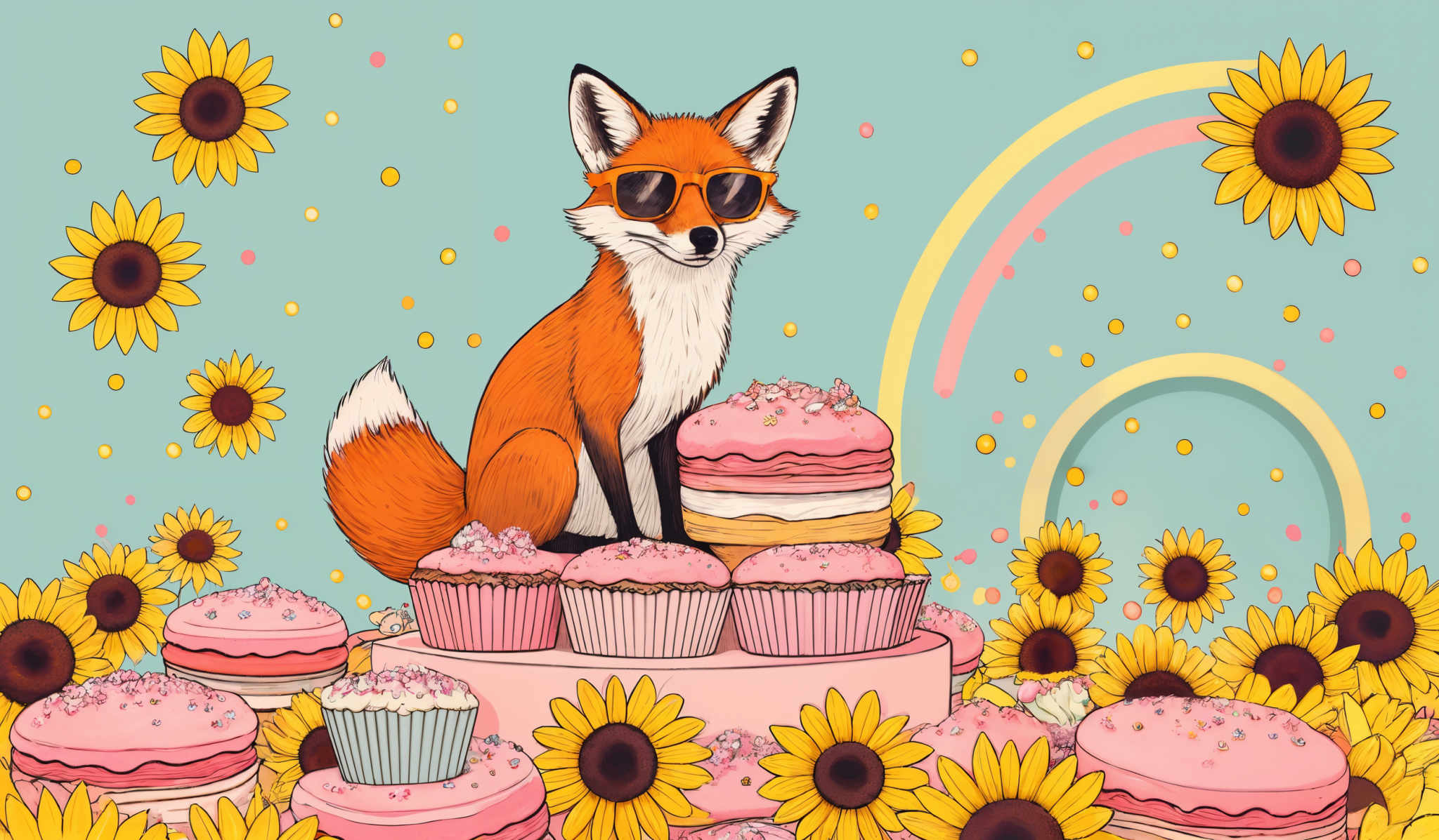 The image showcases a vibrant and colorful scene. The dominant colors are shades of blue, pink, and yellow. The central figure is a fox wearing sunglasses, sitting atop a stack of pink cupcakes. Surrounding the fox are numerous sunflowers with dark centers, and the background is adorned with floating yellow dots and a rainbow. The fox appears to be in a relaxed posture, surrounded by an array of desserts, giving the image a whimsical and delightful feel.