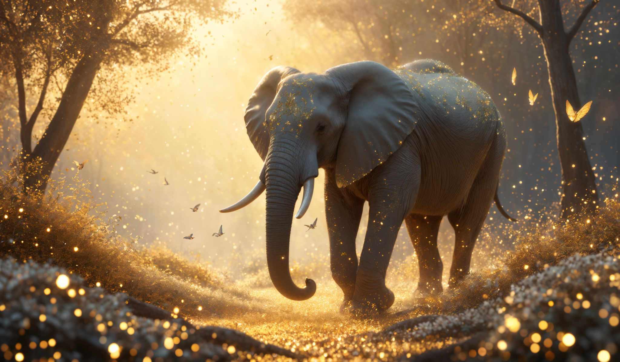 The image showcases a majestic elephant amidst a golden forest setting. The elephants skin is a shade of gray, and it has large, prominent tusks. The forest is bathed in a warm, golden light, possibly from the sun, which creates a magical ambiance. There are golden particles floating in the air, possibly representing fireflies or magical dust. The trees surrounding the elephANT are tall and slender, with their branches extending outwards. The ground is covered in what appears to be golden leaves or petals, adding to the ethereal quality of the scene.