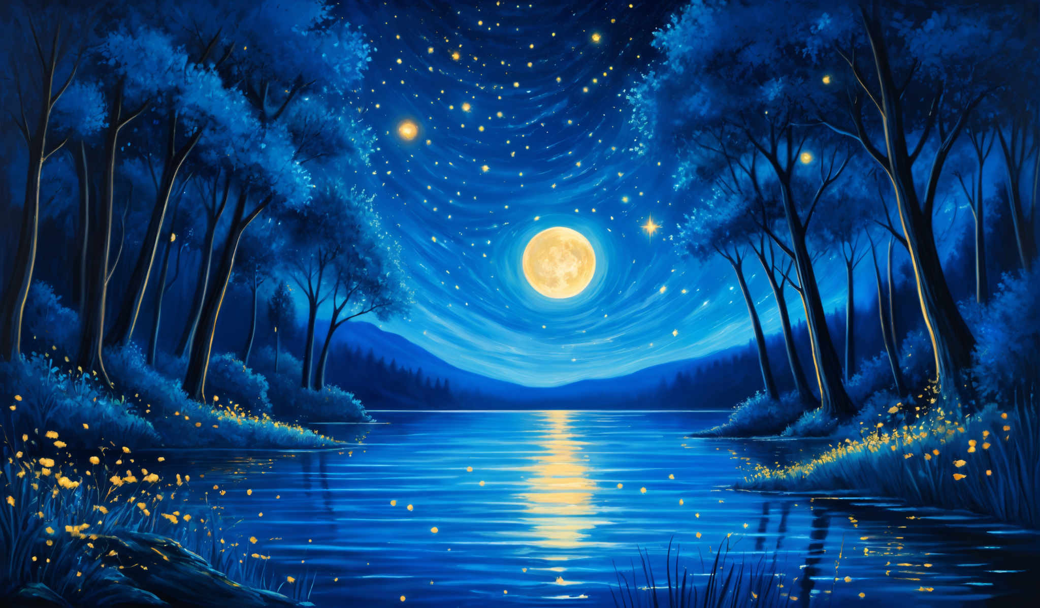 The image showcases a serene nighttime landscape. The dominant colors are various shades of blue, ranging from deep navy to lighter hues. The sky is painted with swirling patterns of blue and white, representing the stars and the moon. The moon itself is a bright, glowing orb, casting a soft reflection on the water below. The trees on either side of the image are tall and slender, with their branches reaching out towards the sky. The ground is covered with lush vegetation, including grass and flowers that emit a soft glow, possibly indicating fireflies. The water in the foreground reflects the moon and the surrounding trees, adding depth to the scene.